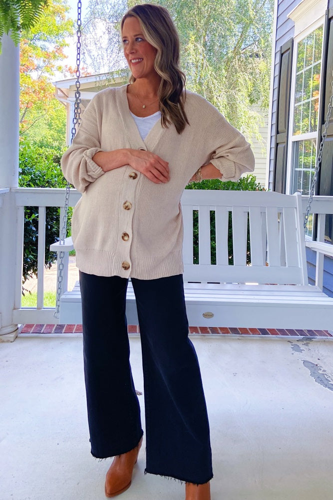 Beige Ribbed Maternity Cardigan Sweater for Women - Soft Stretch Nursing Cover Up - Perfect for Pregnancy, Breastfeeding & Casual Wear