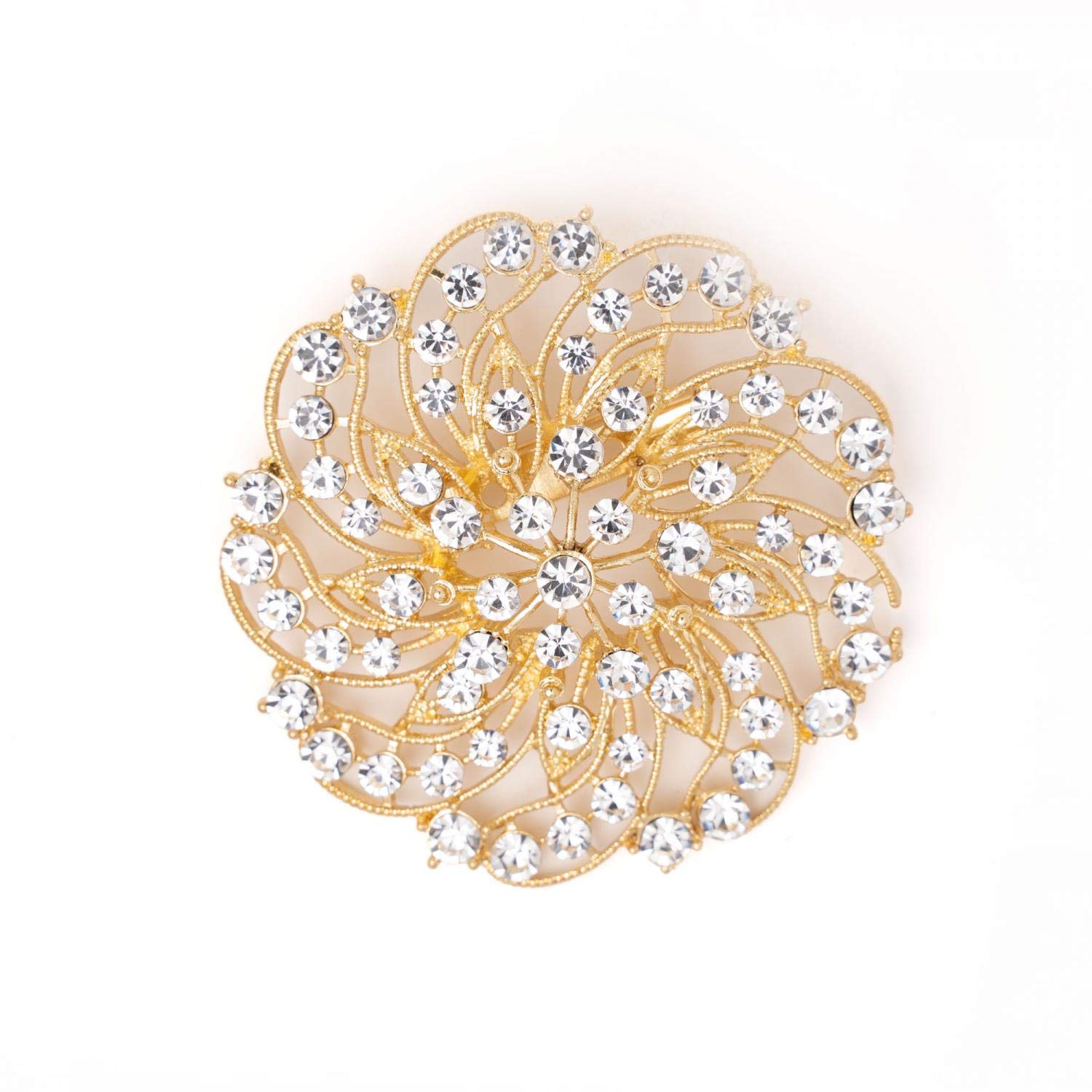 Rhinestone Crystal Lucia Round Bouquet Brooch Pins - 2.25-inch Gold Napkin Rings for Wedding, Party & Event Decor - Durable Craft Accessories for Tied Napkins, Table Settings & DIY Projects