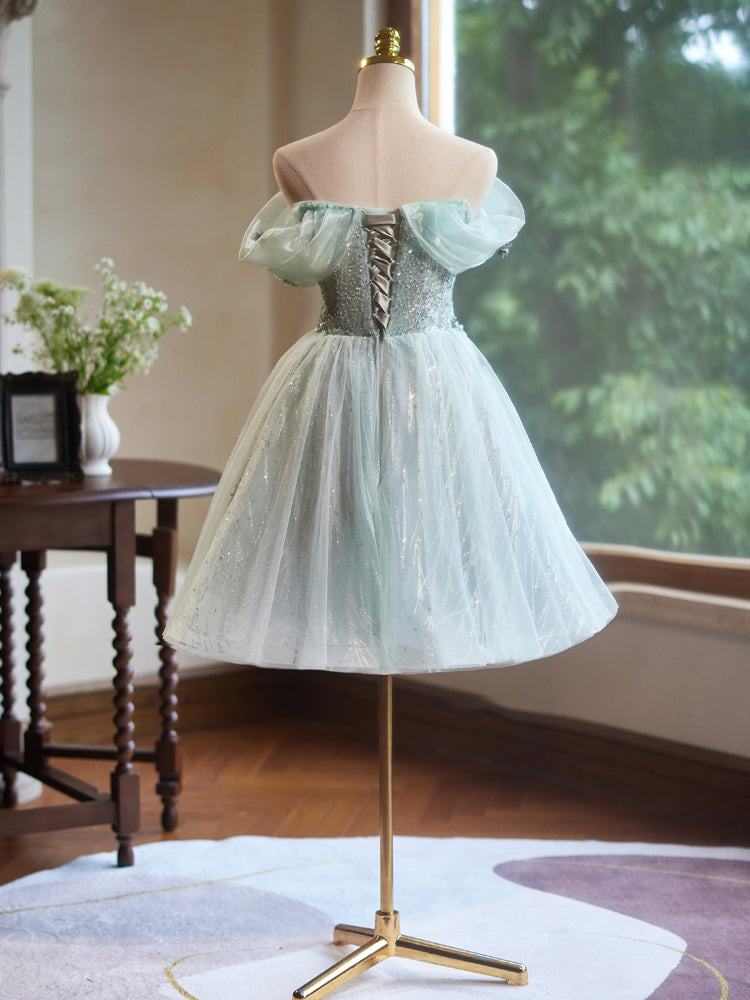 Elegant Green A-Line Off Shoulder Tulle Short Prom Dress for Homecoming, Party & Special Occasions | Women's Formal Evening Gown