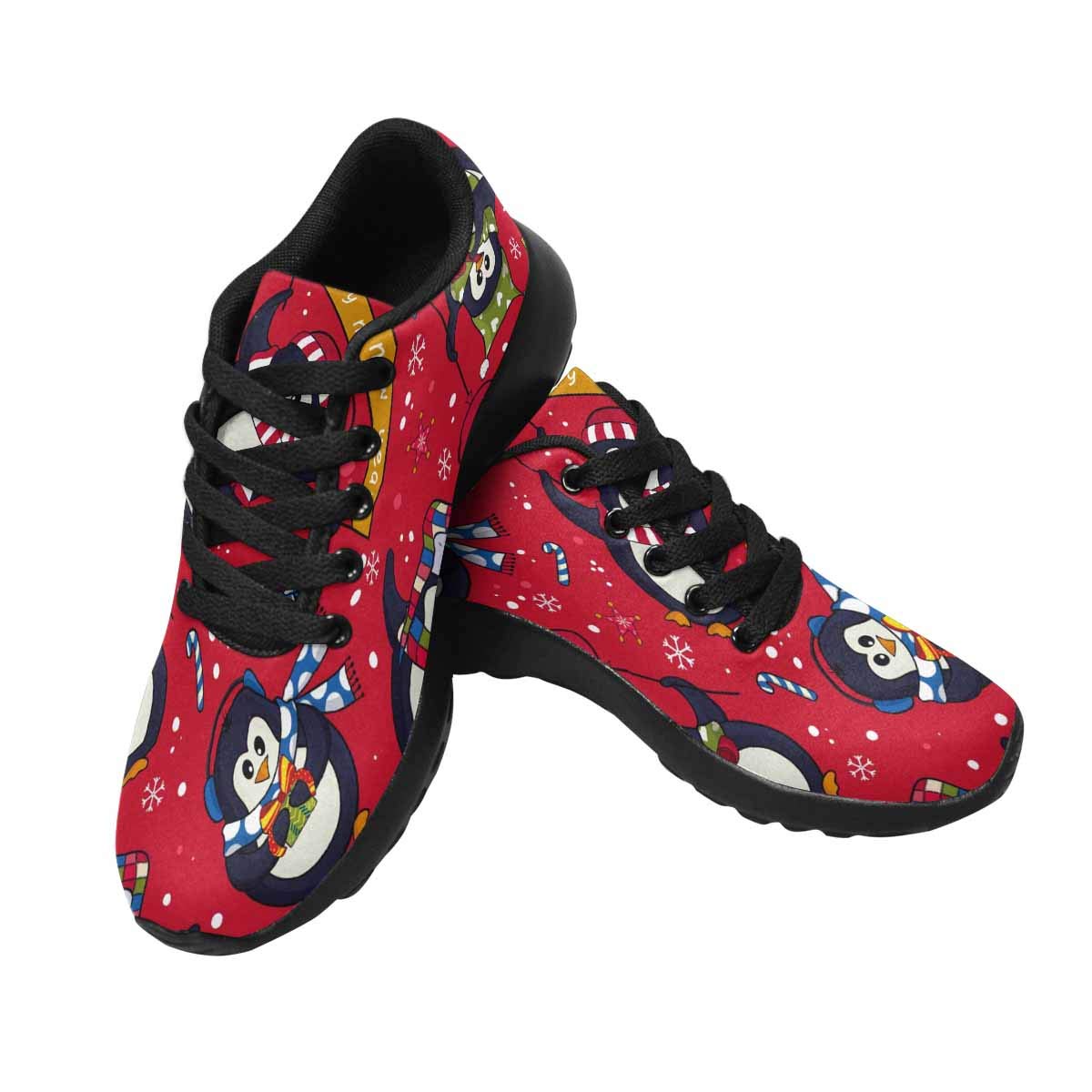 **InterestPrint Women's Running Shoes - Lightweight Jogging Sneakers for Outdoor Sports & Cross Training - Christmas Penguins with Candy Canes & Snowflakes Design - Perfect for Gym, Walking & Casual Wear**