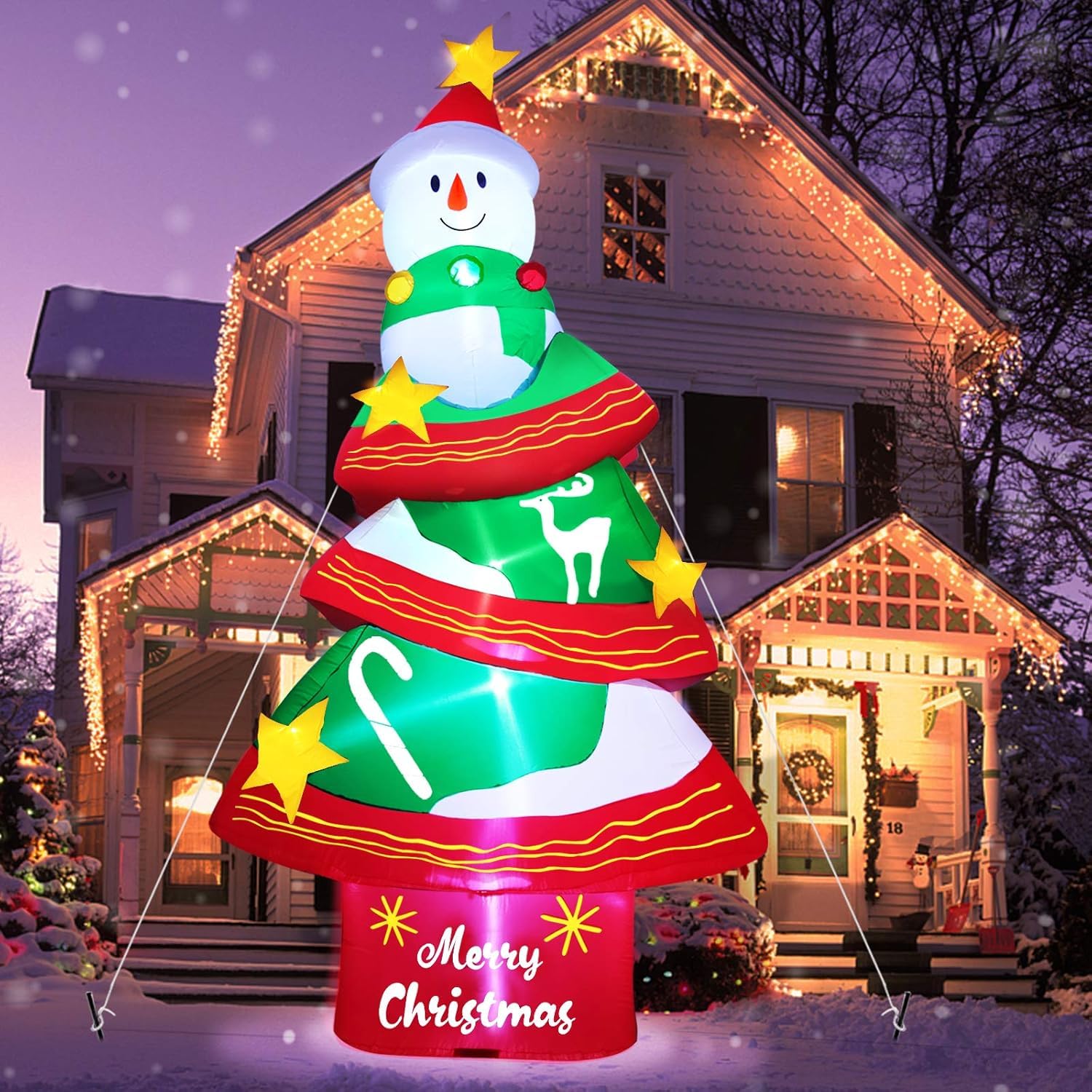 TURNMEON 12ft Inflatable Christmas Decorations - LED Light Up Outdoor Christmas Tree & Snowman Inflatables with Tethers & Stakes for Yard, Lawn, Garden - Holiday Party Decor for Xmas, Winter Celebrations