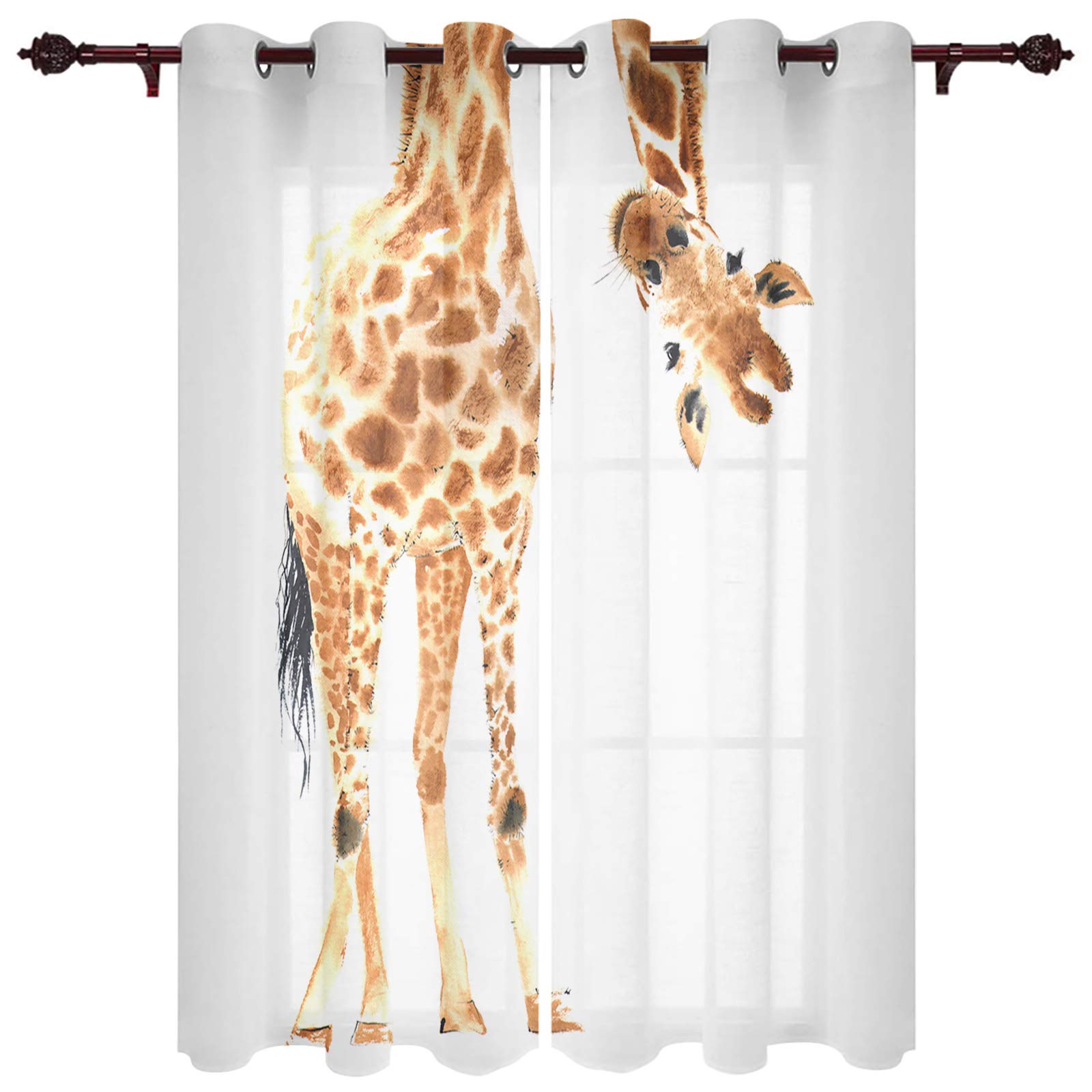 Wild Animal Watercolor Giraffe Curtains 52x63 Inch - Set of 2 Panels for Bedroom & Living Room Decor
