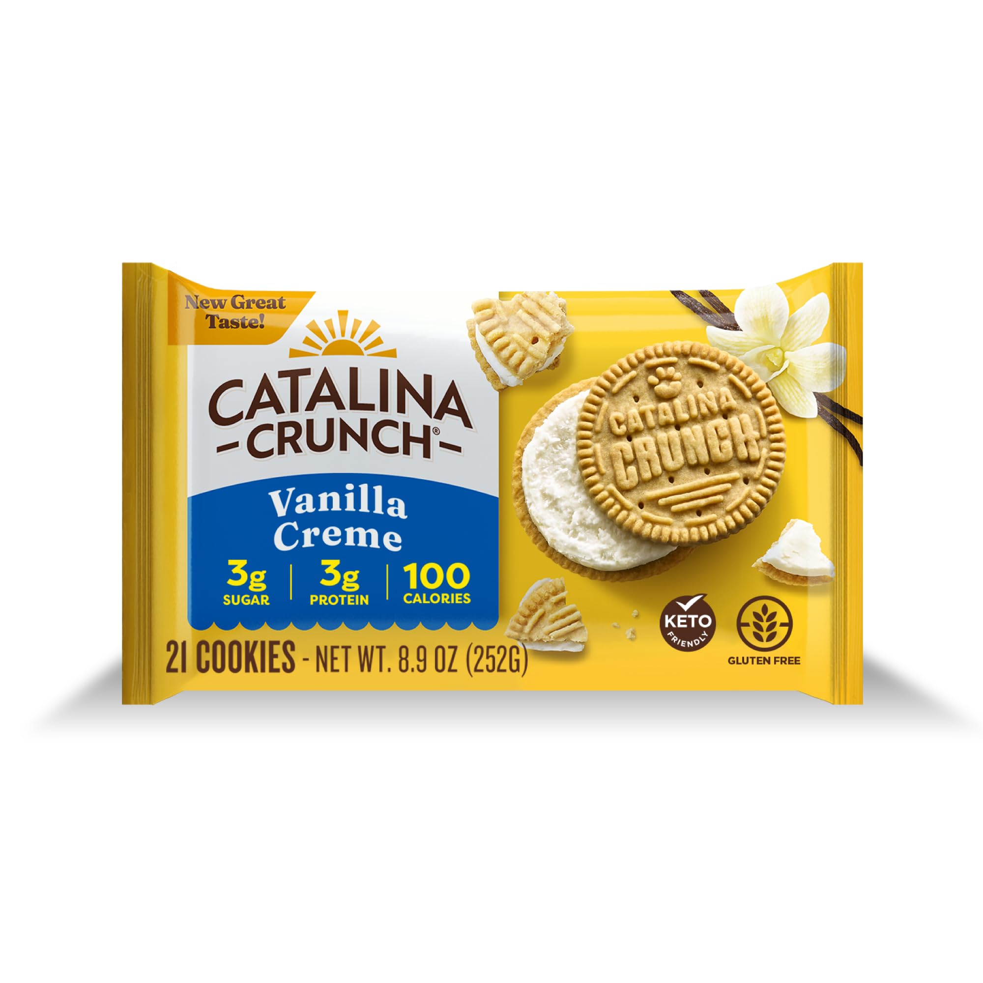 Catalina Crunch Vanilla Creme Sandwich Cookies - Low Carb, Keto Friendly, Sugar Free Snacks - 8.9 oz Pack (21 Cookies) - Perfect for Weight Loss, Diabetic Diets & Healthy On-the-Go Snacking
