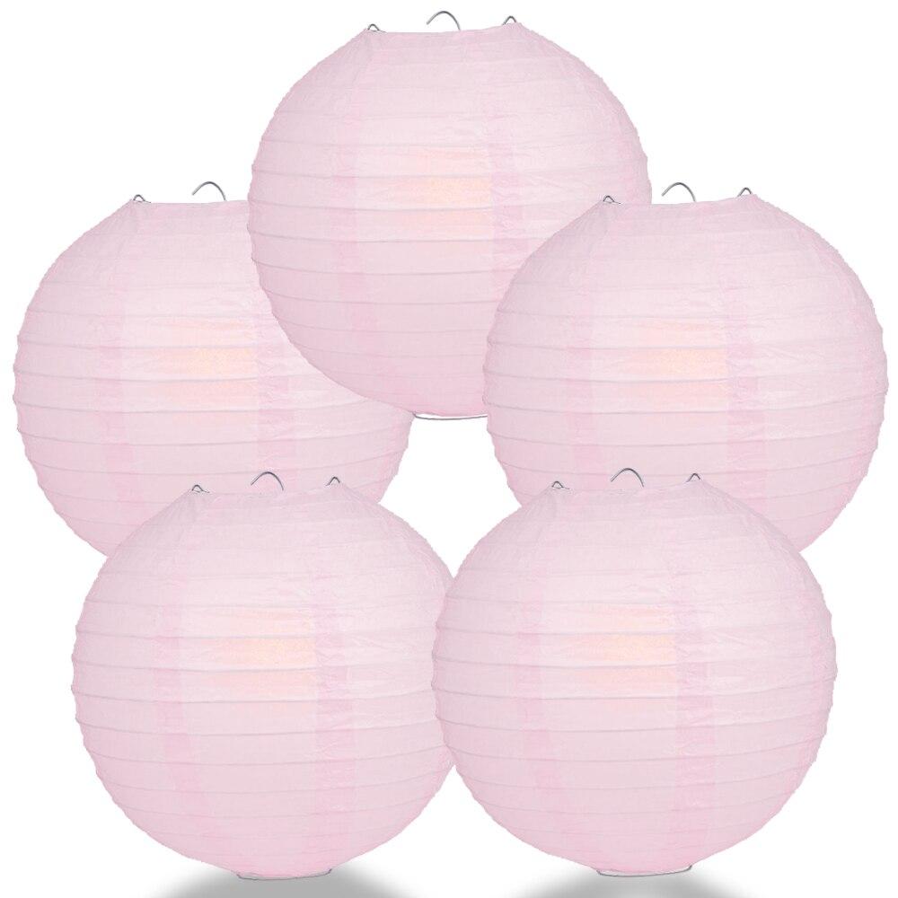 5 Pack 8 Inch Pink Round Paper Lanterns with Even Ribbing - Chinese Hanging Decorations for Wedding, Party, Baby Shower & Home Decoration
