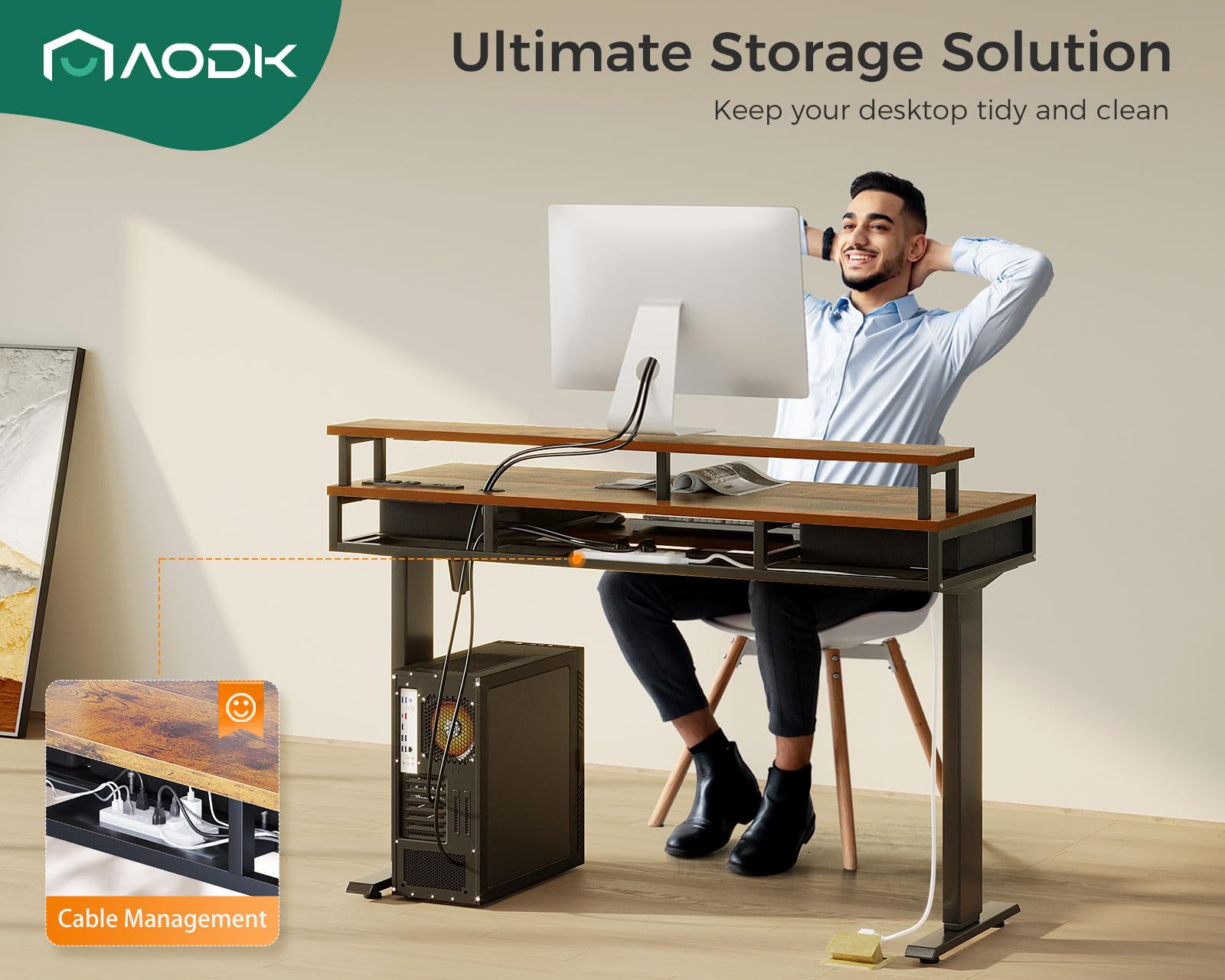 AODK 55 Inch Electric Height Adjustable Standing Desk with Drawers, Keyboard Tray & Power Outlets - Ergonomic Gaming Desk with LED Lights & Monitor Stand for Home Office - Rustic Brown Workspace Solution for Remote Work, Streaming & PC Gaming