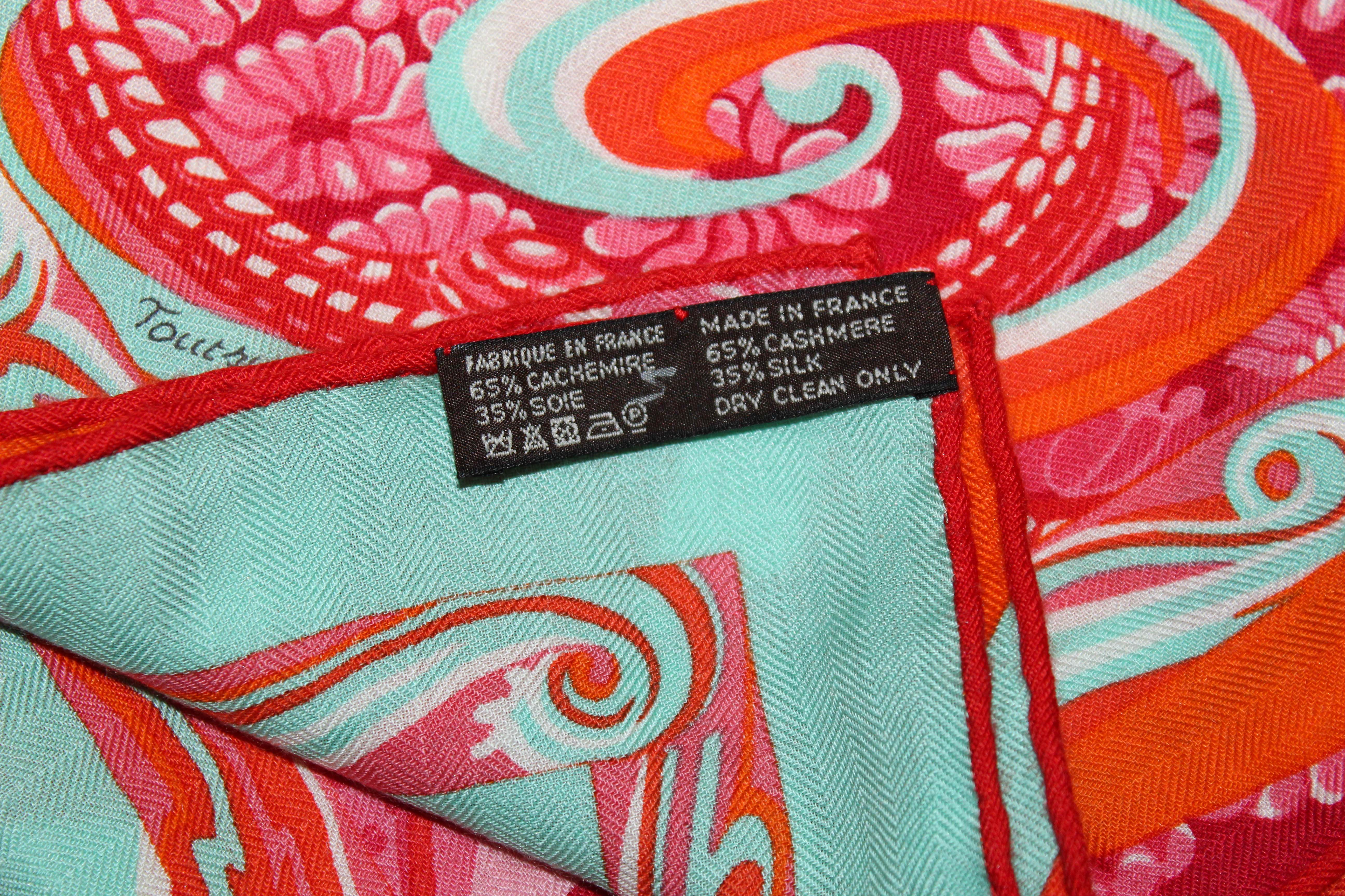 Authentic Hermes Cashmere Silk De La Mer Au Ciel Shawl 140 - Orange Vert Corail Scarf Wrap for Women | Luxury Fashion Accessory for Parties, Weddings & Special Occasions