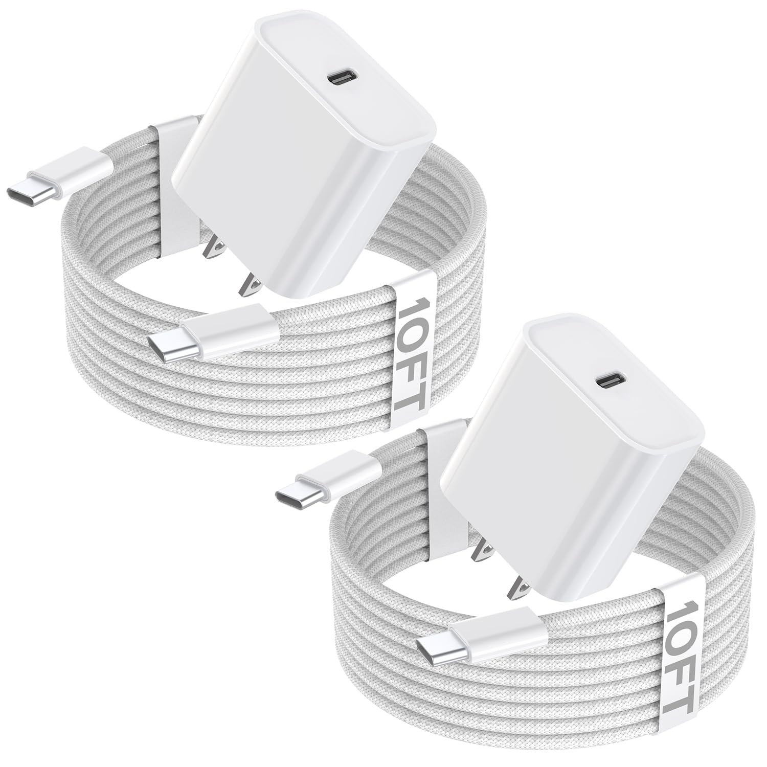 2-Pack 20W USB-C Fast Charger Block & 10FT Braided Cable for iPhone 16/16e/16 Pro/16 Pro Max/16 Plus/15/15 Pro/15 Pro Max/15 Plus & iPad Pro 12.9 - Quick Charging, Durable Woven Cord for Home, Office & Travel