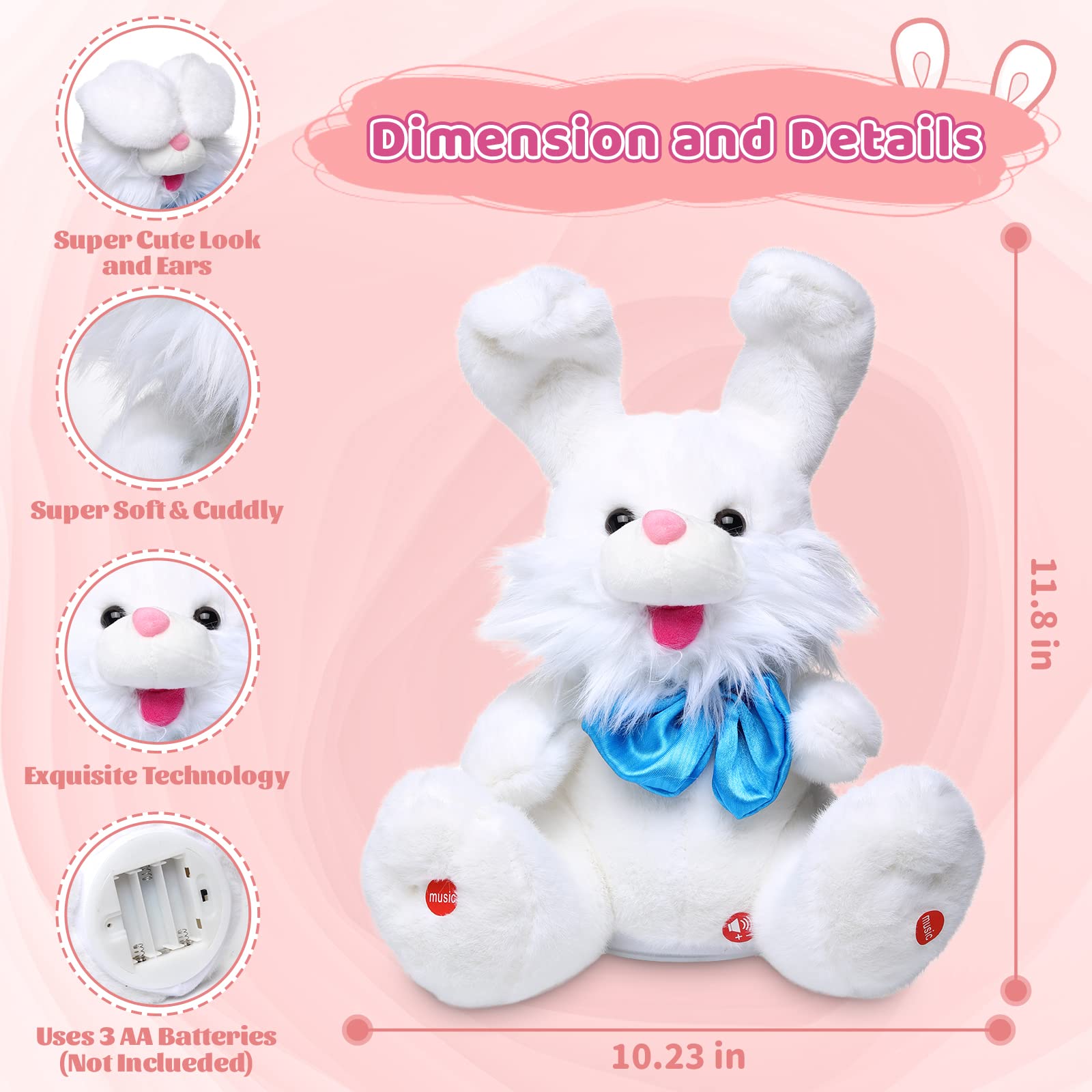Emoin Easter Bunny Plush Toy - Interactive Talking & Singing Stuffed Animal with Floppy Ears, Soft Baby Toy for Toddlers 7-12 Months & 1-2 Year Olds (White) - Perfect Easter Gift, Birthday Present & Cuddly Companion for Playtime, Nursery Decor & Early Learning Development