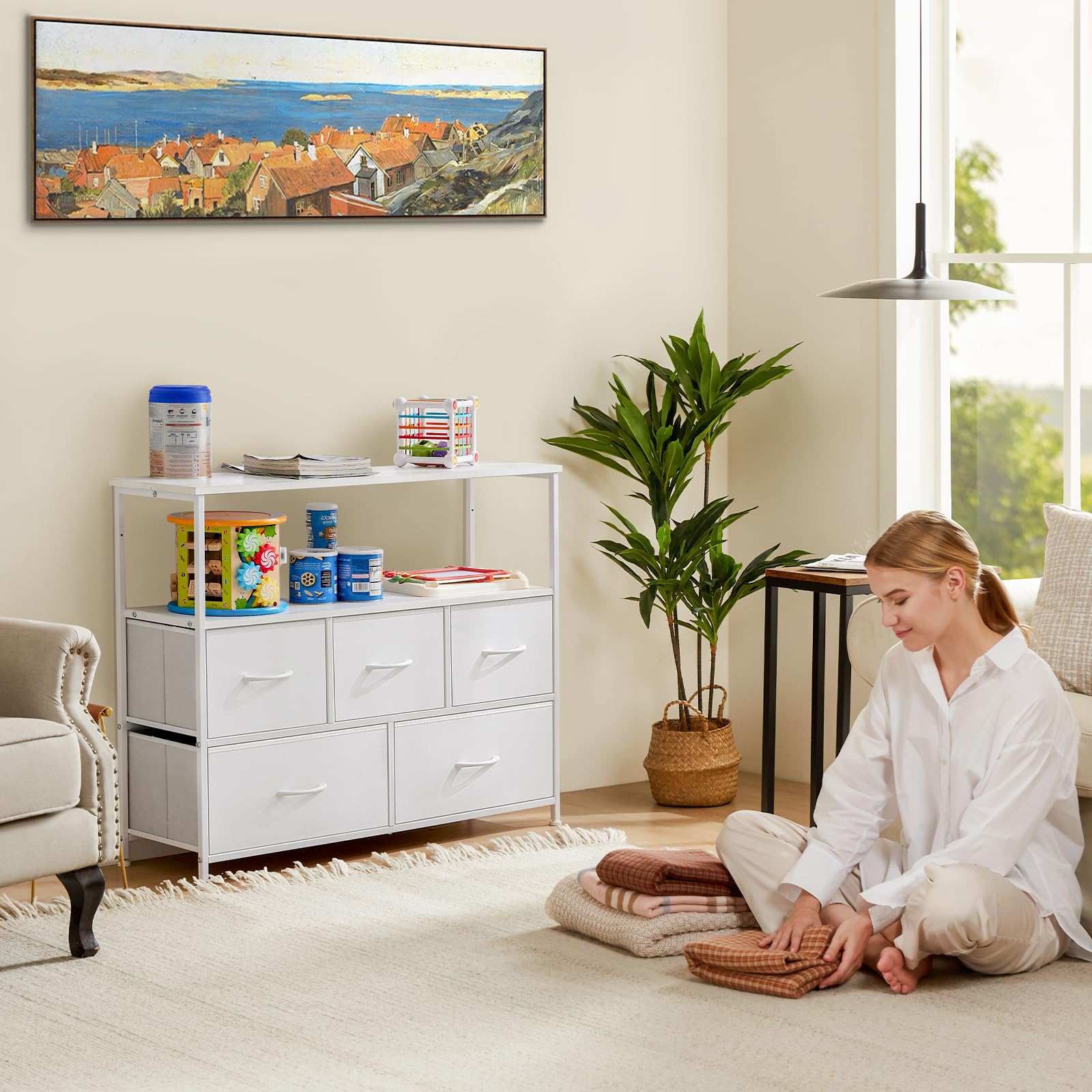 Sweetcrispy 5-Drawer Fabric Dresser TV Stand for 45 Inch TVs - White Storage Cabinet with Adjustable Feet & Open Shelves - Perfect for Bedroom, Living Room & Entertainment Center Organization