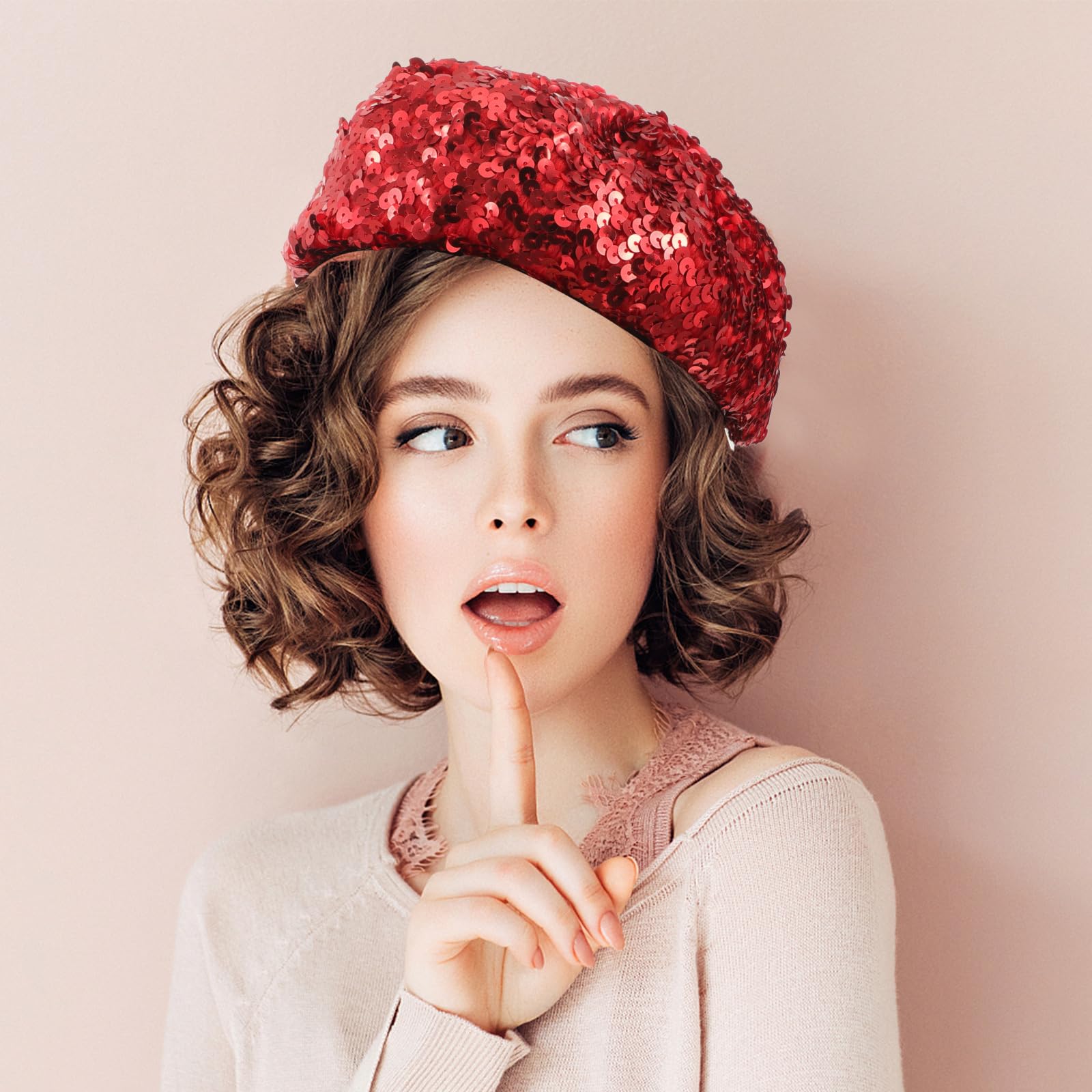 KESYOO Women's Fashion Beret Hat with Sparkle Sequins - French Style Beanie for Dance Performances, Costume Accessories & Everyday Wear (Rosy)