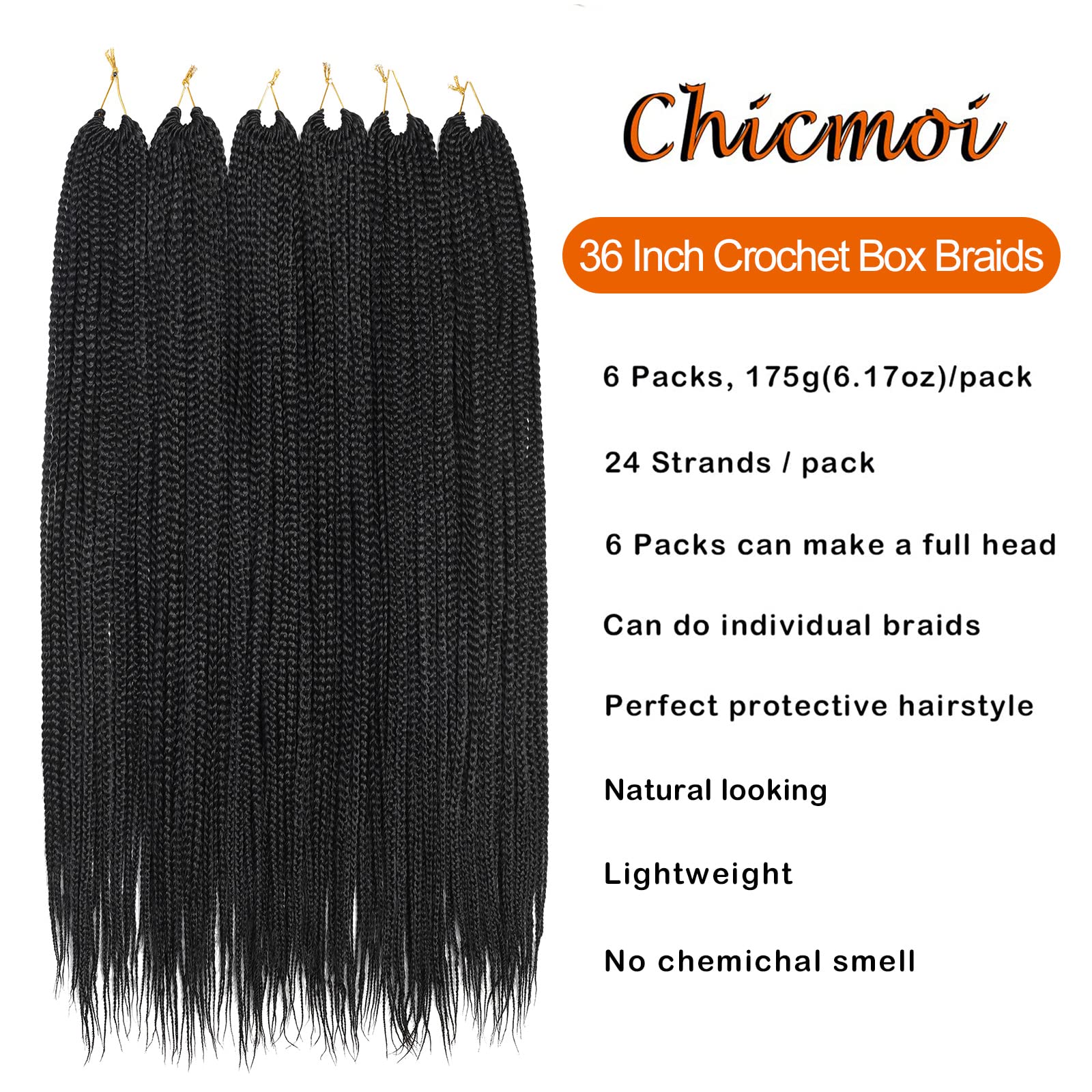 36 Inch Long Box Braid Crochet Hair - 144 Strands Thin Pre-Looped Crochet Braids (6 Packs, 1B Color) | Soft & Natural Looking Protective Style for Black Women | Perfect for Daily Wear, Parties, Weddings & Protective Hairstyles | Great for Styling, Braiding & Hair Extensions