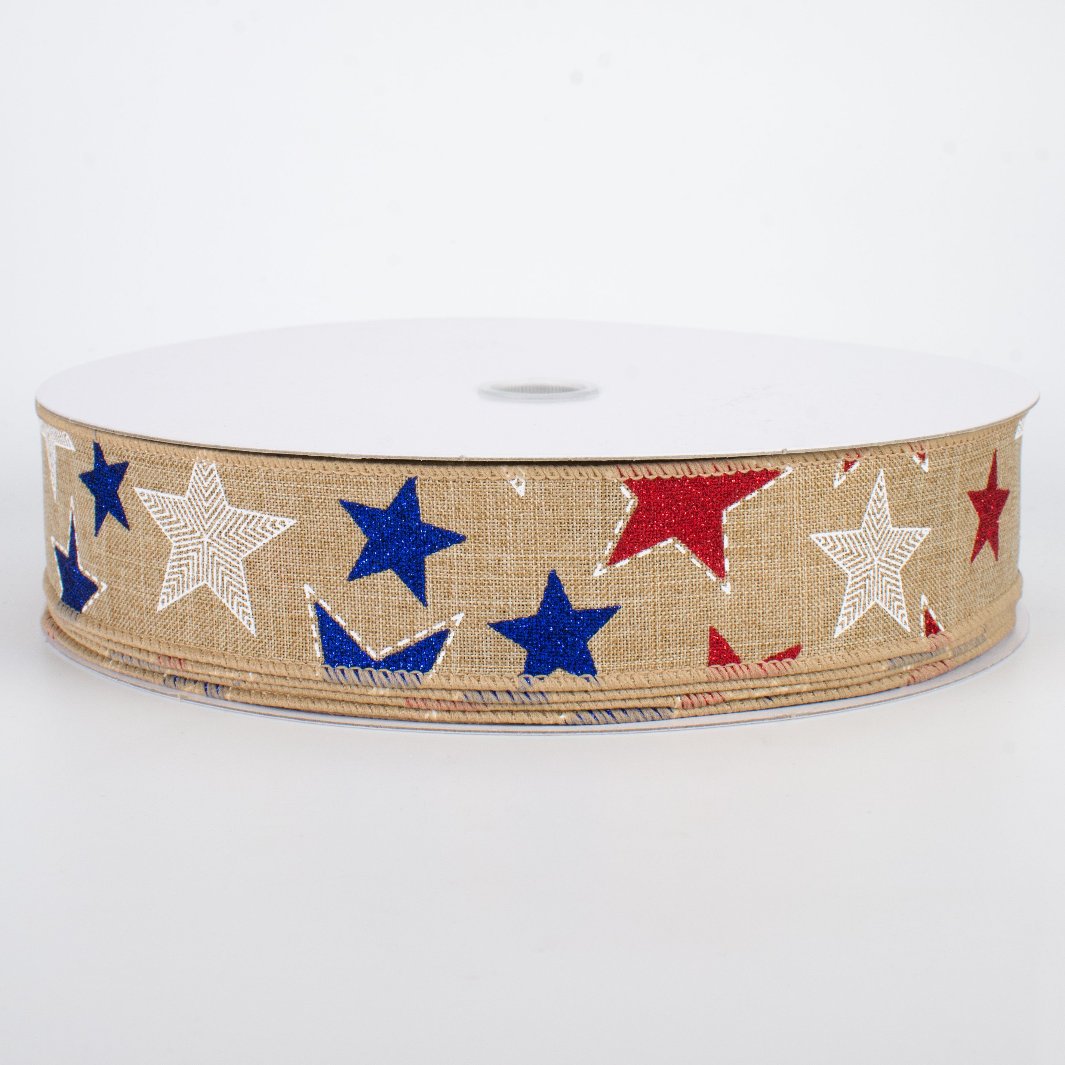 1.5 Inch Glitter Patriotic Star Ribbon - Natural Color 50 Yards Bulk Roll for DIY Crafts, Gift Wrapping, Party Decorations and Holiday Celebrations