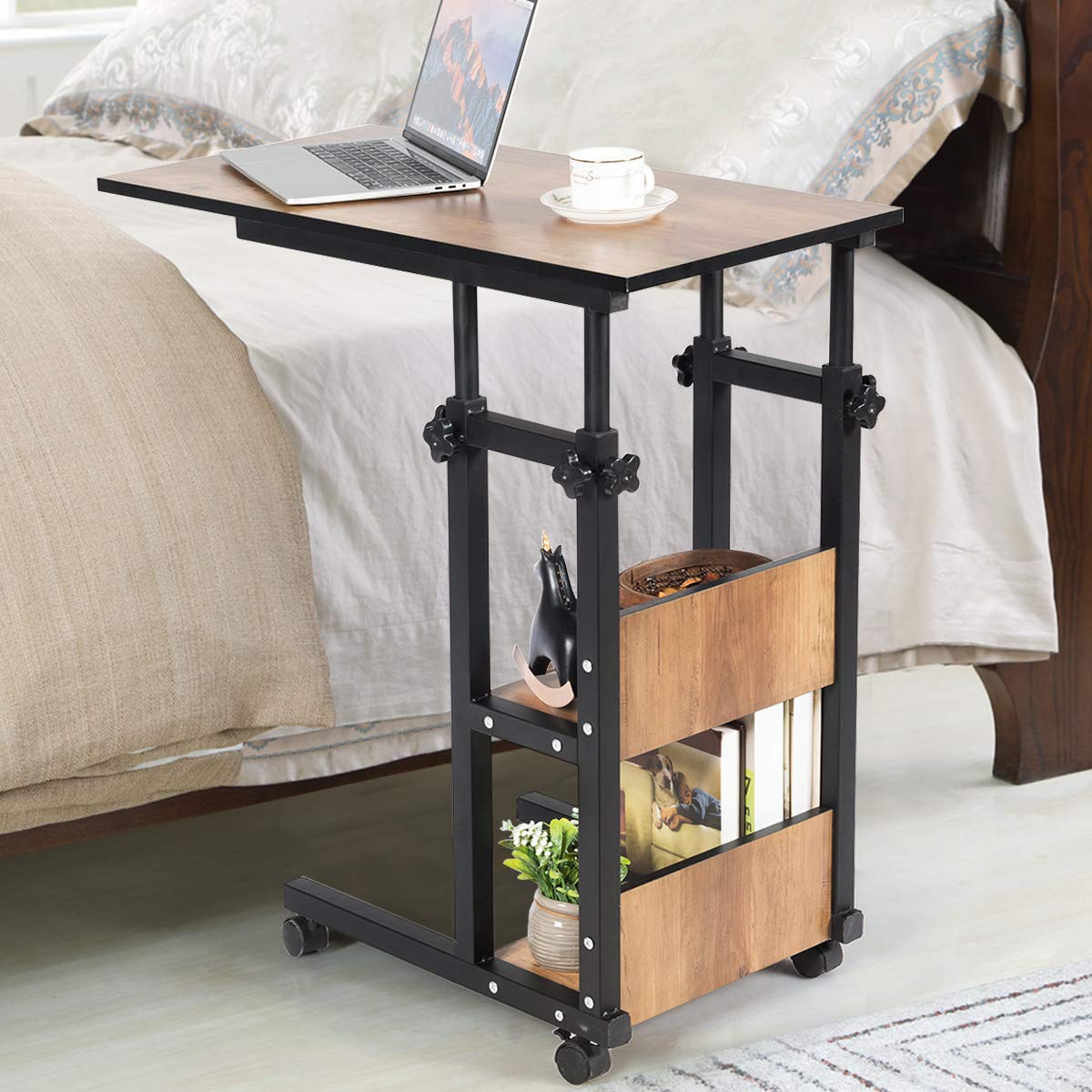 Tangkula Rolling Height Adjustable C-Shaped End Table - Mobile Sofa Side Table with Storage Shelves, Wood Look Accent Furniture for Living Room, Bedroom - Perfect for Coffee, Laptop, Tablet & Snacks While Relaxing on Couch or Bed