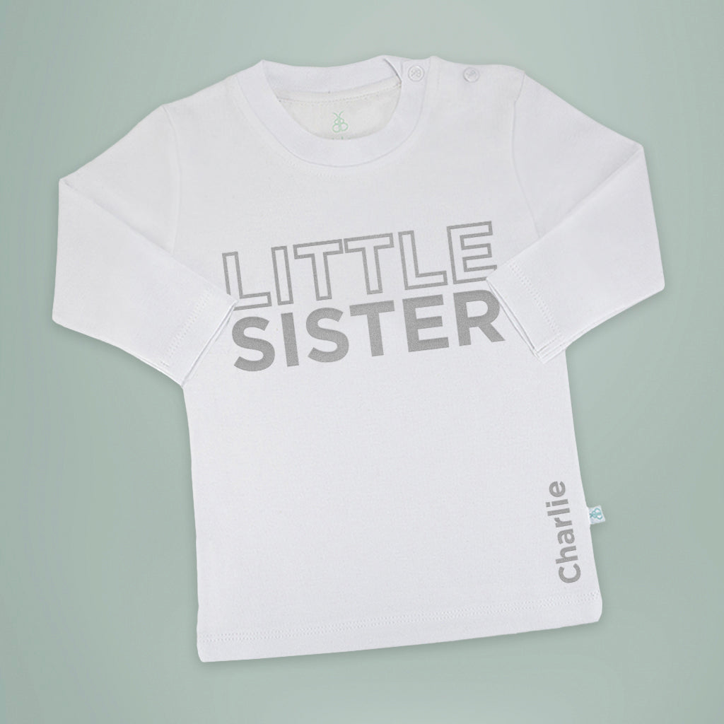 Custom Little Sister T-Shirt - Long Sleeve Cotton Top for Siblings - Perfect for Family Photos, Birthdays & Matching Outfits