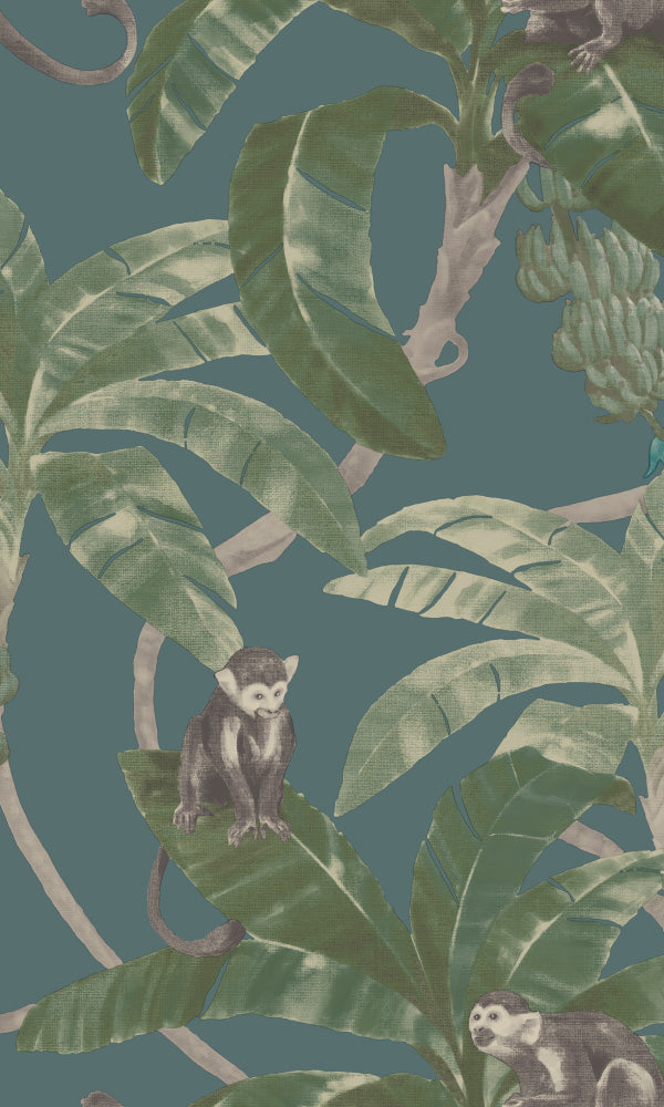 Dark Teal Tropical Watercolor Life Wallpaper R6765 - Peel and Stick Removable Wall Mural for Bedroom, Living Room, Nursery Decor | Boho Aesthetic Home Design