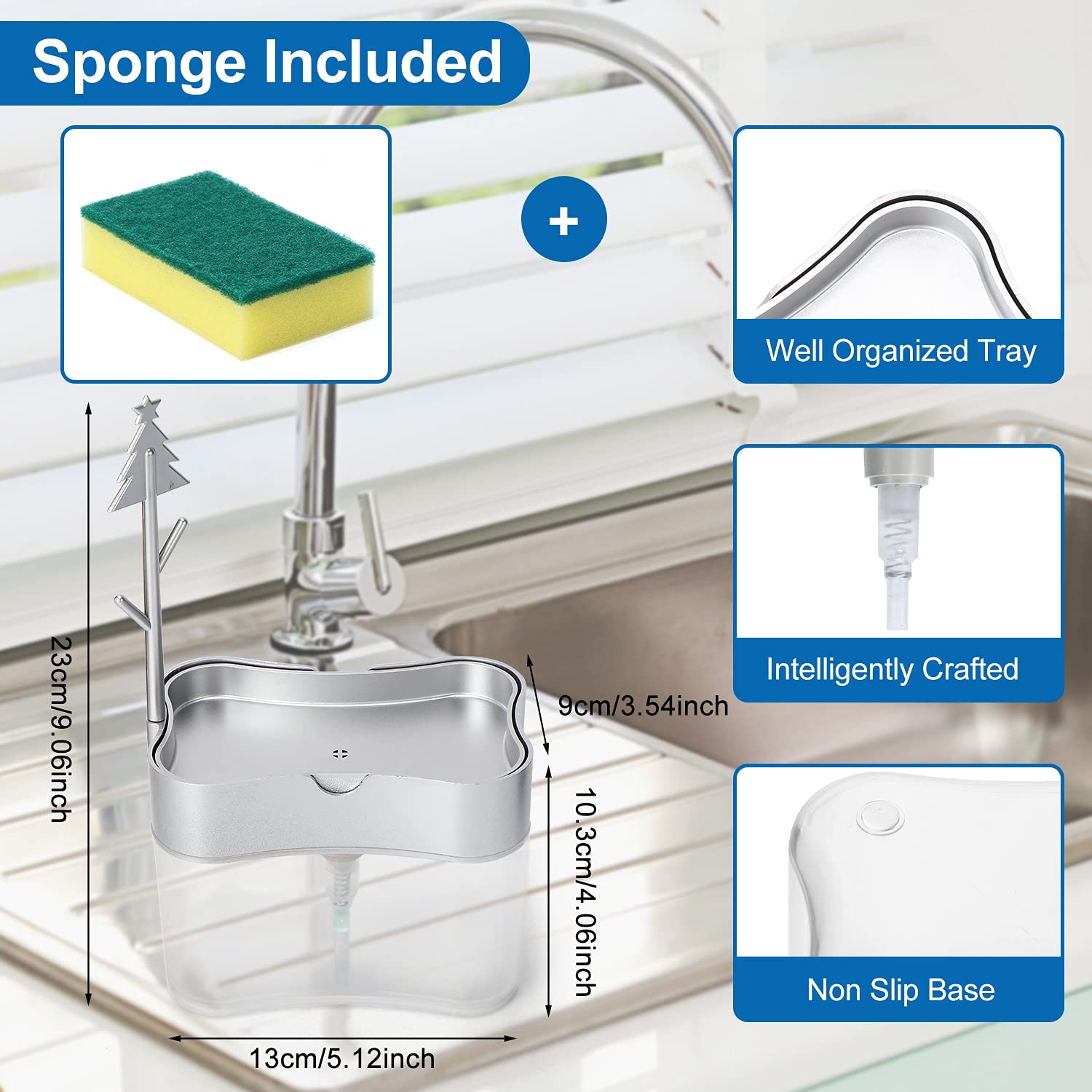 Premium 13oz Soap Dispenser for Kitchen Countertop & Sink - Automatic Dish Soap Dispenser with Sponge Holder - Touchless Hand Soap Dispenser for Home, Restaurant & Office Use