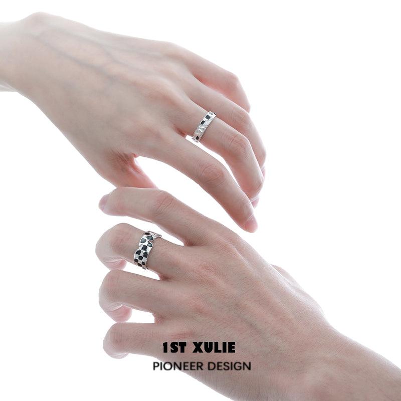 Checkerboard Sterling Silver Adjustable Opening Ring for Women - Elegant Stackable Jewelry for Everyday Wear, Gifts & Special Occasions