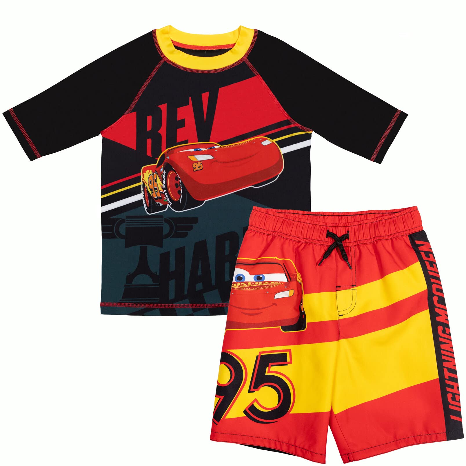 Disney Pixar Cars Lightning McQueen Boys' Rash Guard & Swim Trunks Set - UPF 50+ Sun Protection Swimwear for Toddler to Little Kids (2-7 Years) - Perfect for Pool, Beach & Summer Water Activities