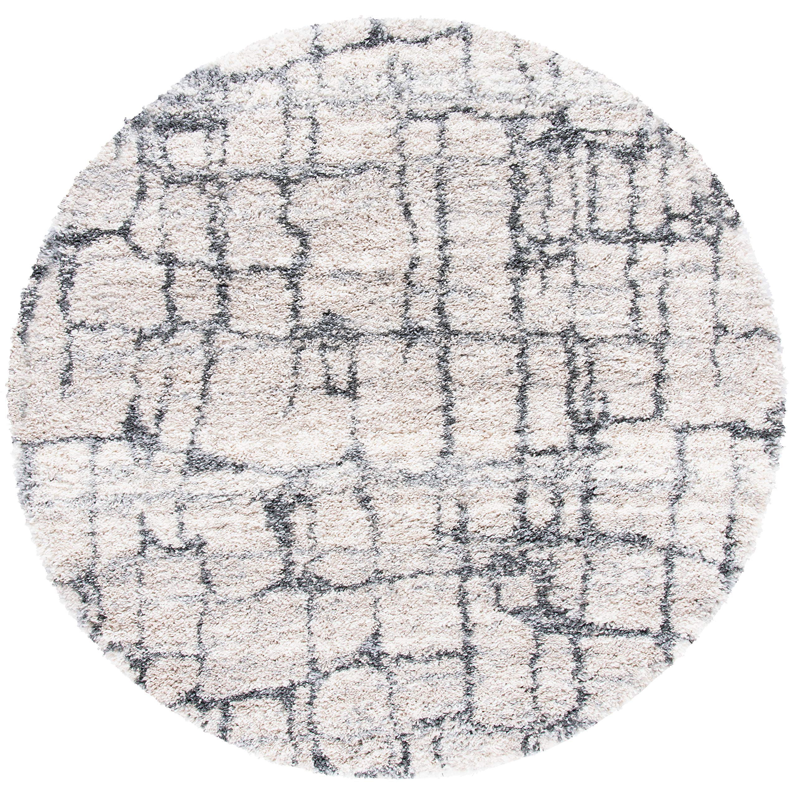 SAFAVIEH Fontana Shag Collection 8' Round Area Rug - Ivory & Grey Modern Plush Non-Shedding Rug, 2-inch Thick Soft Floor Carpet for High Traffic Living Room, Bedroom, Nursery & Home Office (FNT851A)