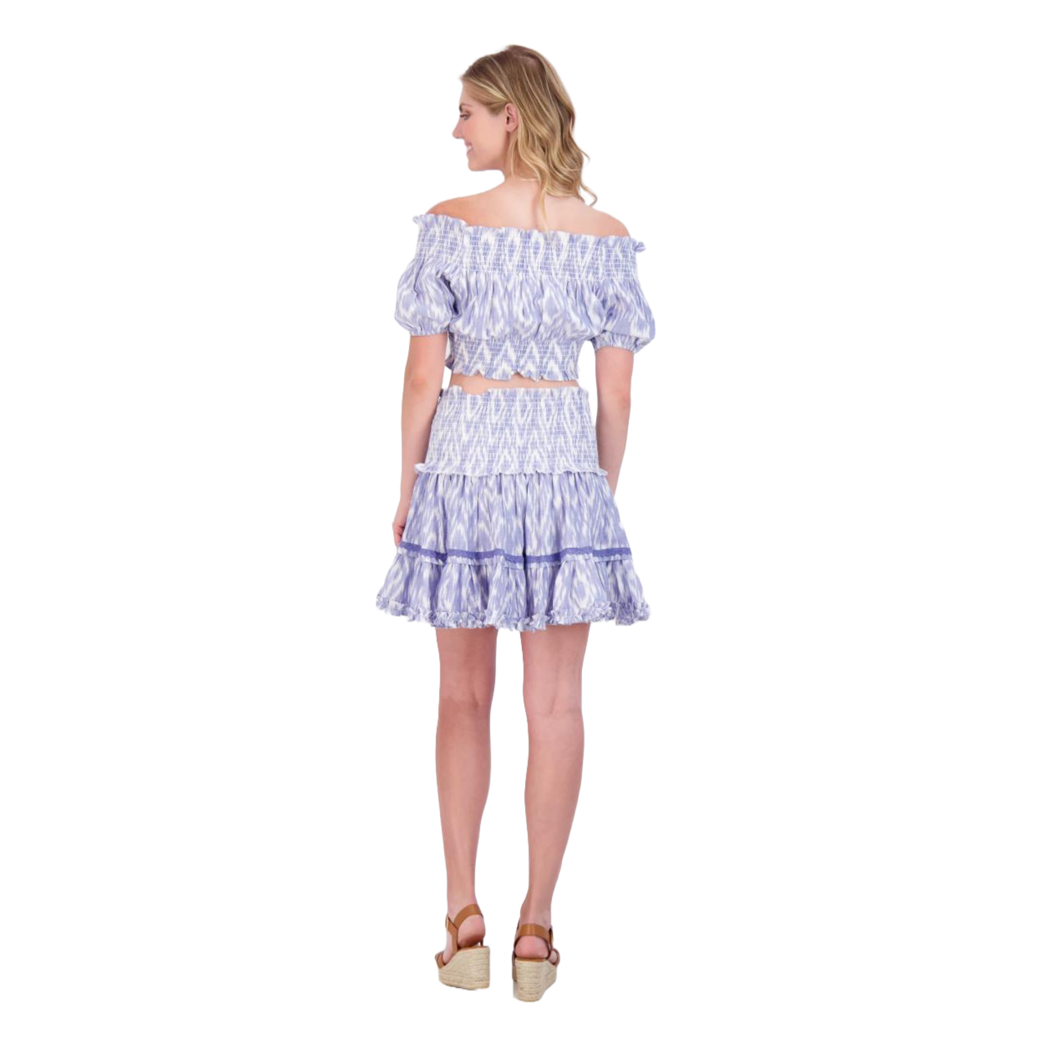 Amelie Women's Blue Ikat Print Crop Top and Skirt Set - Summer Outfits, Beachwear, Casual Street Style Fashion