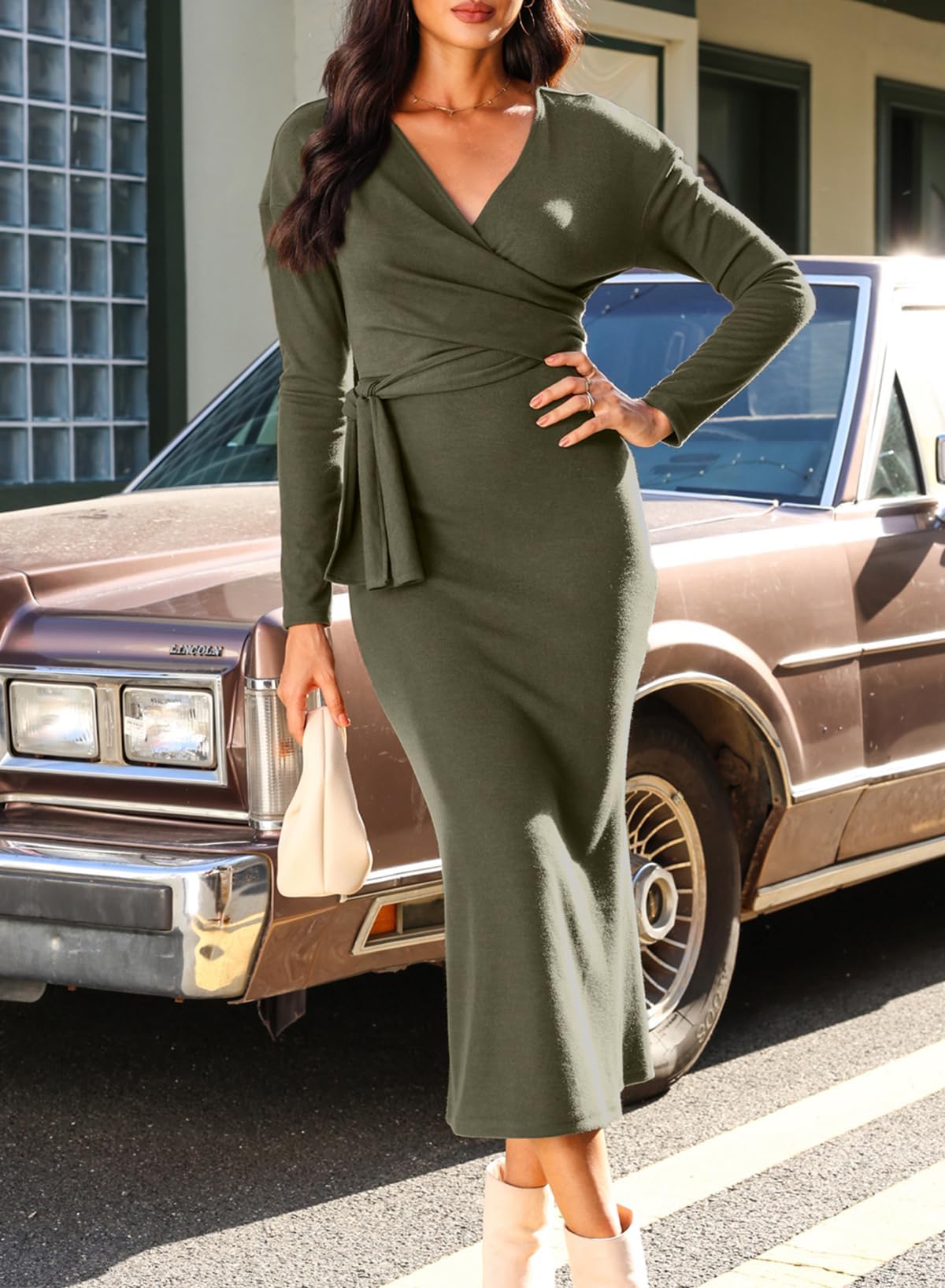 Happy Sailed Women's Knit Dress - Spring Long Sleeve Wrap V-Neck Tie Waist Ribbed Sweater Dress for Work, Date Night & Casual Outings