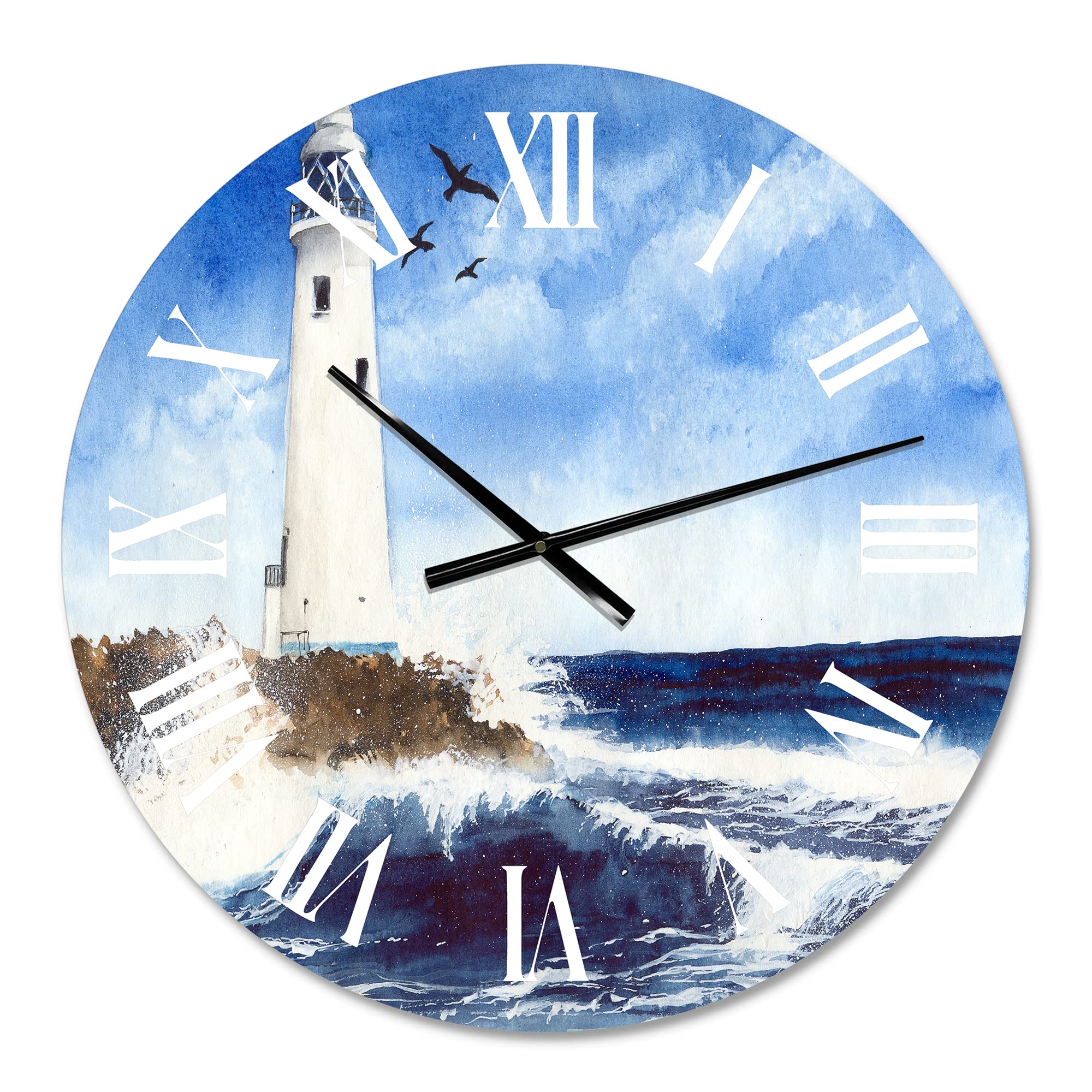 DesignQ Nautical Coastal Wall Clock - Lighthouse on Rocky Island with Seagulls - Blue Round Clock for Bedroom, Living Room, Office Decor - Perfect for Beach House, Coastal Style & Home Décor