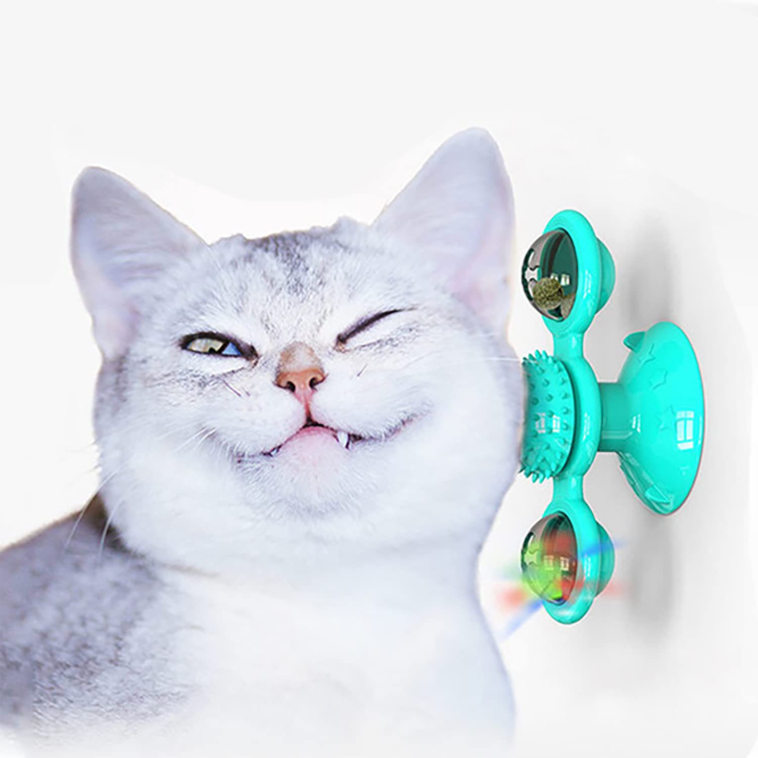 FIIL Interactive Windmill Cat Toy with Catnip & LED Ball - Rotating Turntable Cat Spinner with Suction Cup (Blue) - Fun Playtime for Indoor Cats & Kittens