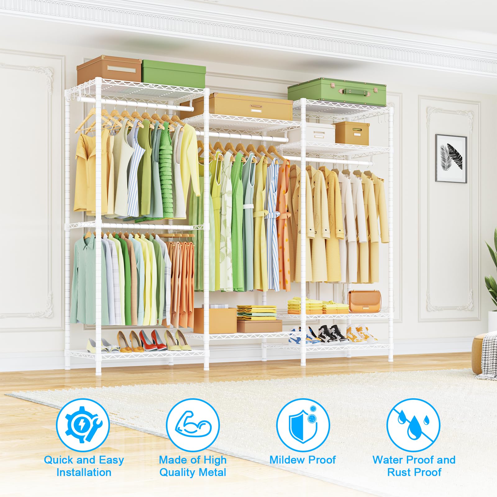 Heavy Duty Clothes Rack with 4 Hanger Rods & 8 Shelves - Adjustable Freestanding Garment Rack for Hanging Clothes, 63