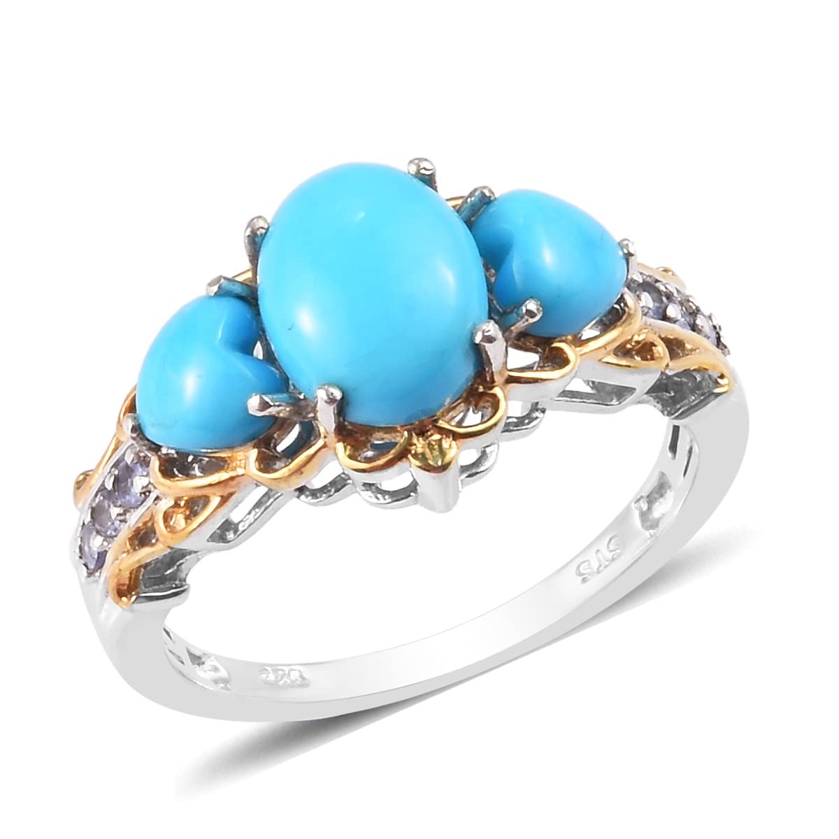 14K Yellow Gold & Platinum Plated 925 Sterling Silver Ring with Blue Tanzanite & Natural Sleeping Beauty Turquoise - Size 8 for Women | Elegant Jewelry for Parties, Weddings & Special Occasions