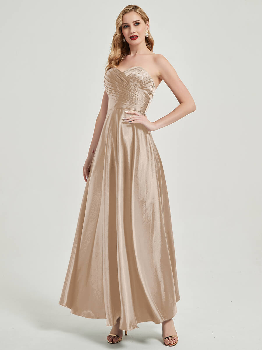 Elegant Champagne Satin Sweetheart Strapless Floor-Length Pleated Bridesmaid Dress for Weddings & Formal Events