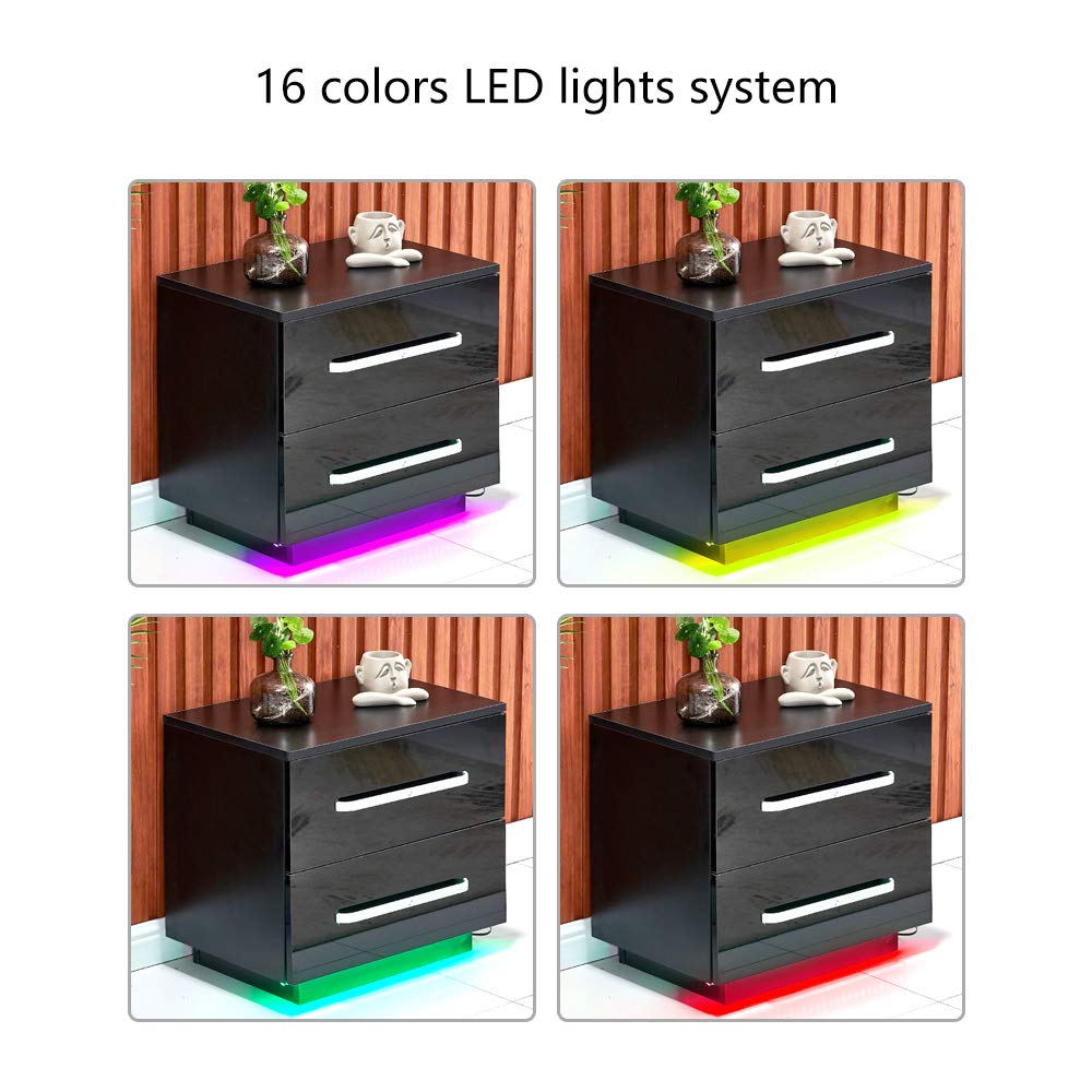 Black Glossy Nightstand with 2 Drawers & LED Lights - Bedroom & Living Room Side Table