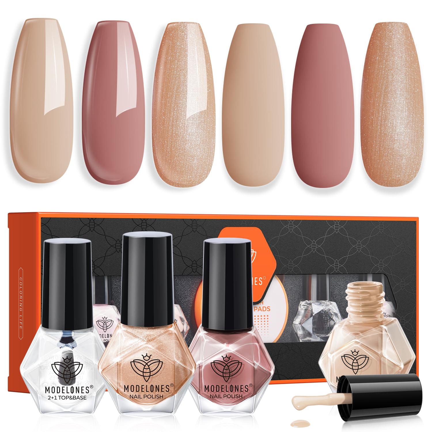 Modelones 3-in-1 Nail Polish Kit with Base Coat, Top Coat & Remover Pads - Champagne Glitter Quick Dry Nail Polish Set for Neutral Skin Tone | Mini Starter Kit for DIY Manicure, Nail Art & Salon Use | Perfect Gift for Women & Girls | Home, Party & Special Occasion Nail Care