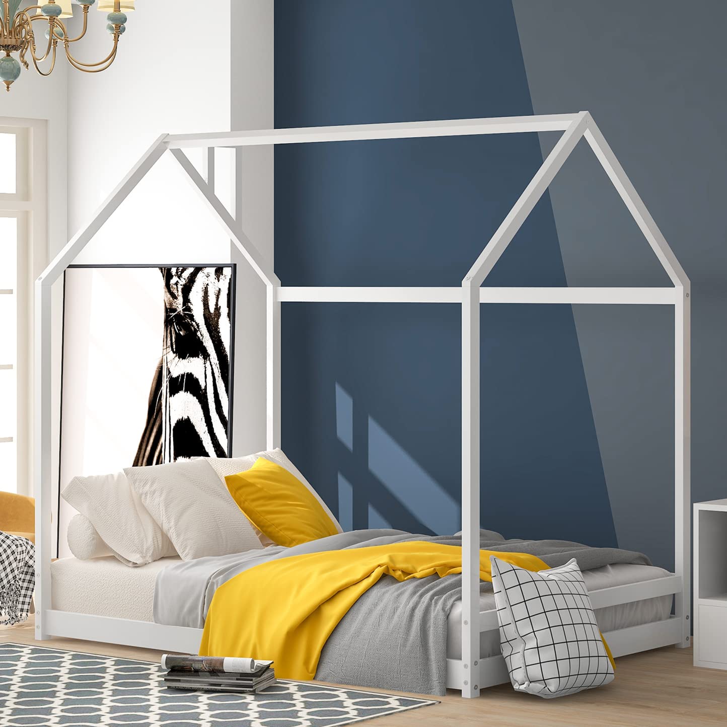 Montessori House Bed Twin for Kids - Toddler Wooden Floor Bed Frame with Roof for Girls & Boys Bedroom Furniture, White | No Box Spring Needed | Perfect for Montessori Learning & Playroom Decor