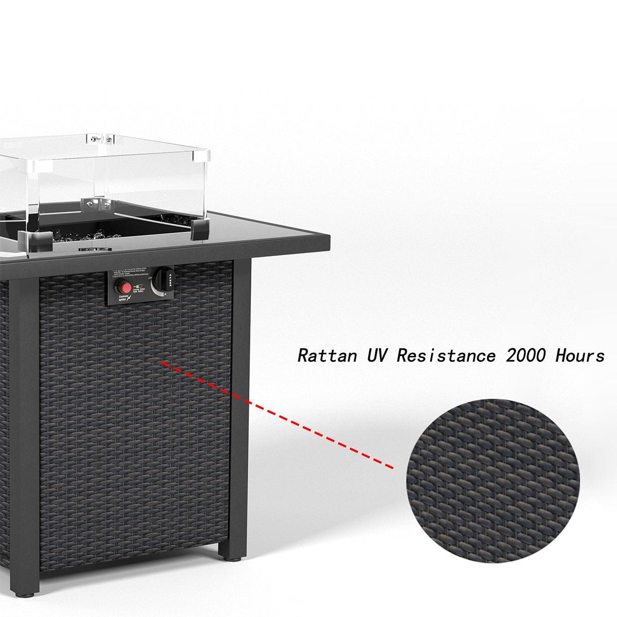 28 Inch Propane Fire Pit Table - 50,000 BTU Outdoor Gas Fire Pit with Rattan Wicker Design & Tempered Glass Top - Includes Glass Windscreen for Patio, Backyard, Garden - Perfect for Outdoor Entertaining & Cozy Nights (Coffee Brown)