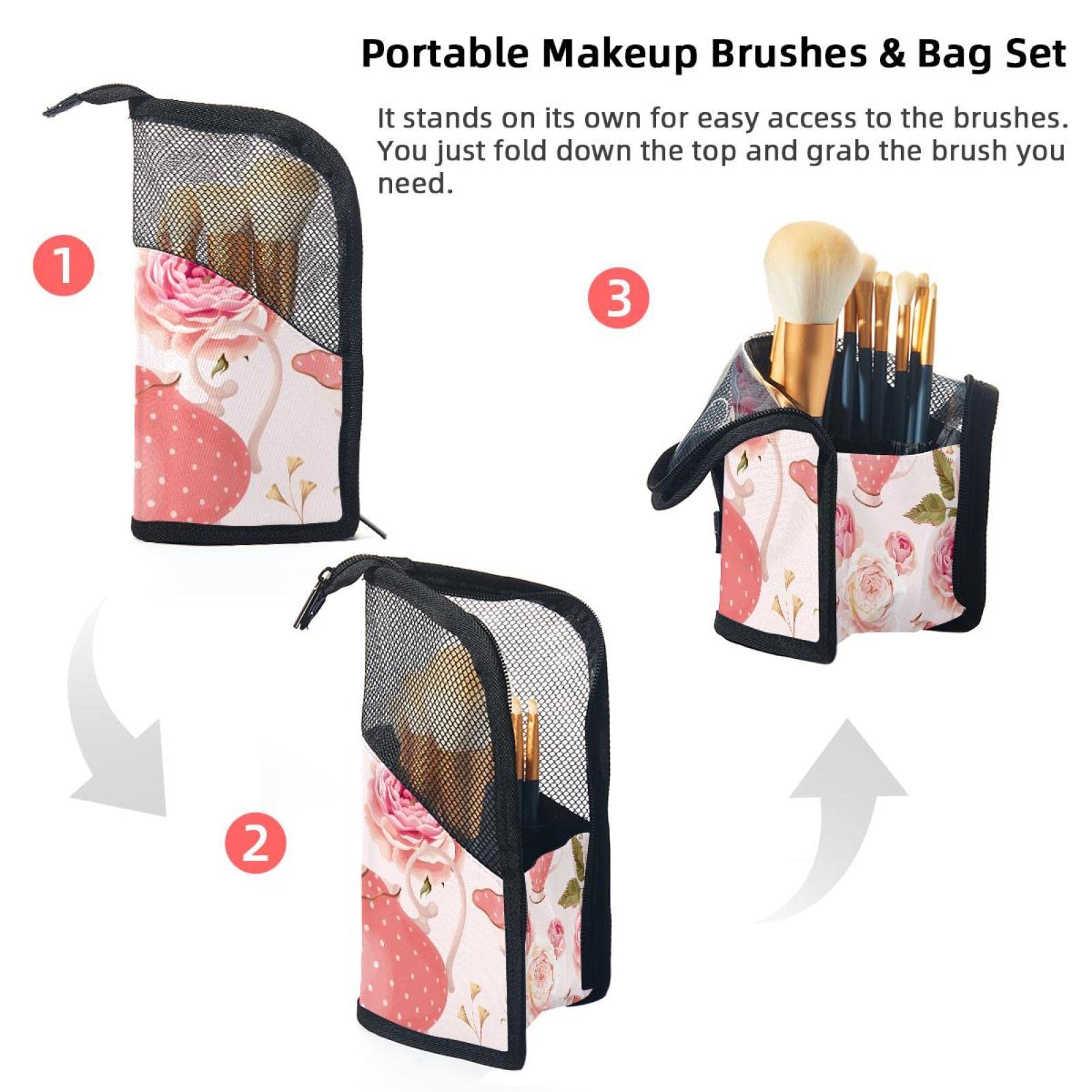 12-Piece Makeup Brush Organizer Bag - Pink Rose Teapot Flower Design, Portable Makeup Brush Holder Case for Travel & Home Storage | Perfect for Makeup Artists & Beauty Enthusiasts