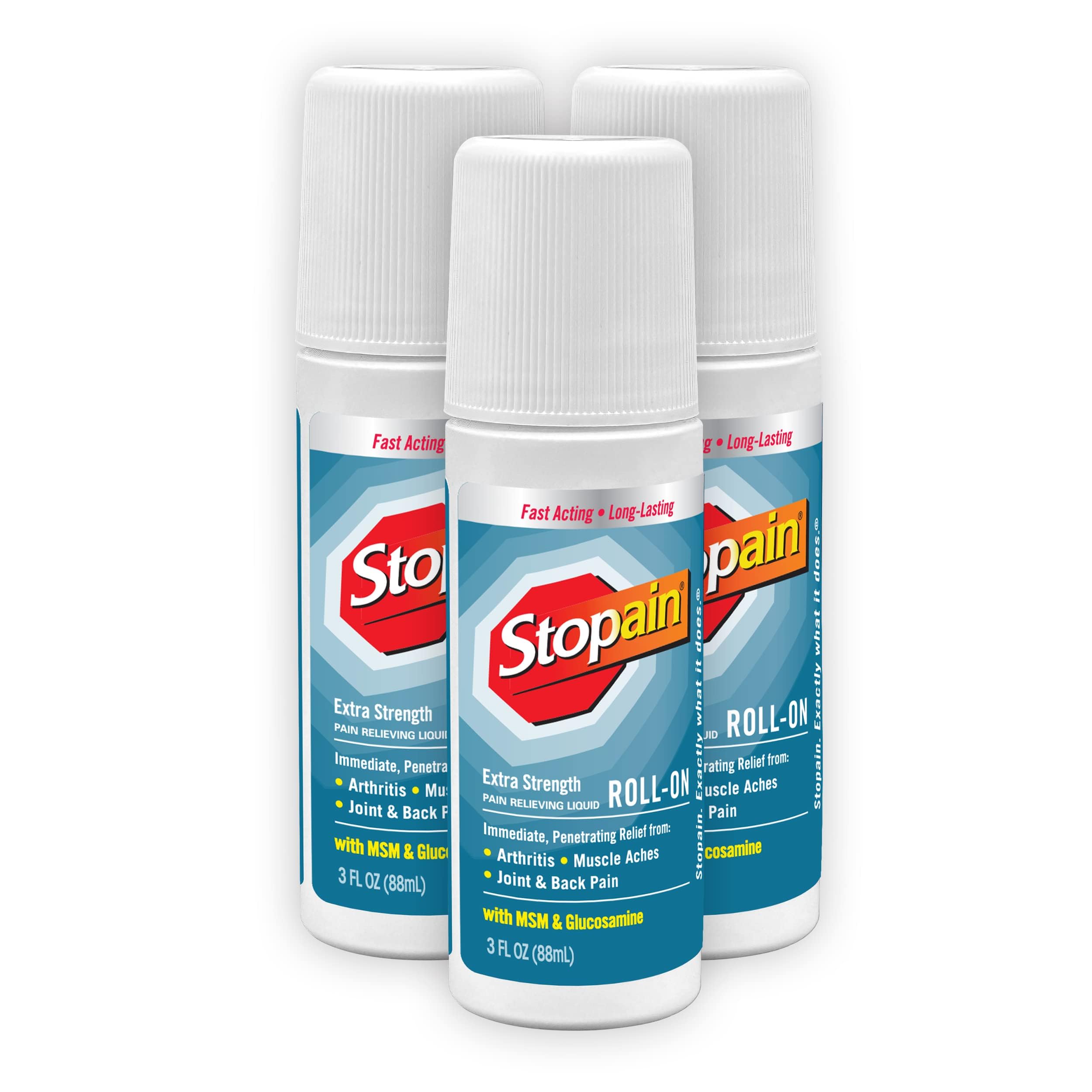 Stopain Pain Relief Roll On Gel 3oz (3 Pack) - Maximum Strength Fast Acting with MSM & Glucosamine - USA Made HSA/FSA Approved - Soothes Back, Knee & Neck Pain - Perfect for Athletes, Office Workers & Arthritis Sufferers