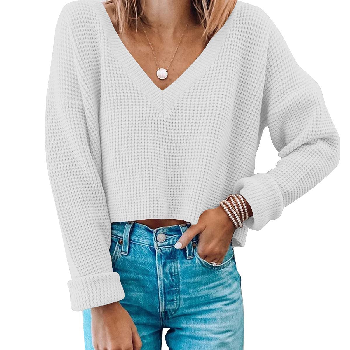 Women's Long Sleeve Crop Sweater - Waffle Knit V-Neck Loose Fit Pullover Top for Casual Wear | Perfect for Fall Layering, Coffee Dates & Weekend Outfits