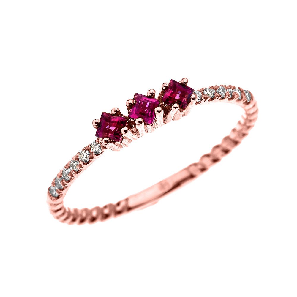 14K Rose Gold Three Stone Princess Cut Ruby and Diamond Dainty Rope Ring - Elegant Jewelry for Engagement, Anniversary & Special Occasions