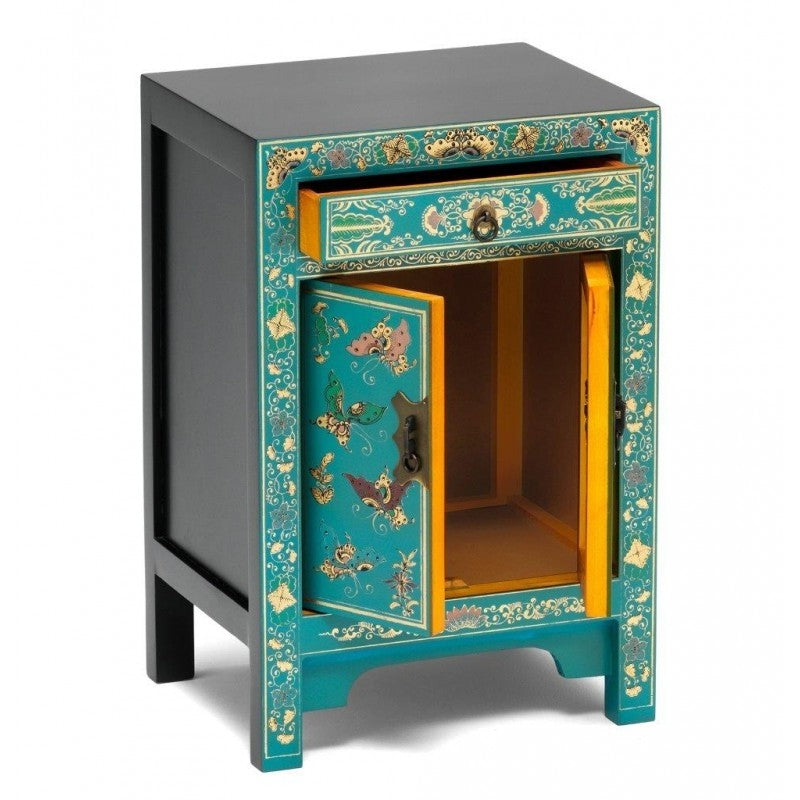 Golden Dragon Oriental Painted Solid Wood Blue Bedside Cabinet - 40x35x60cm Nightstand with Storage for Bedroom, Living Room & Office Furniture Decor
