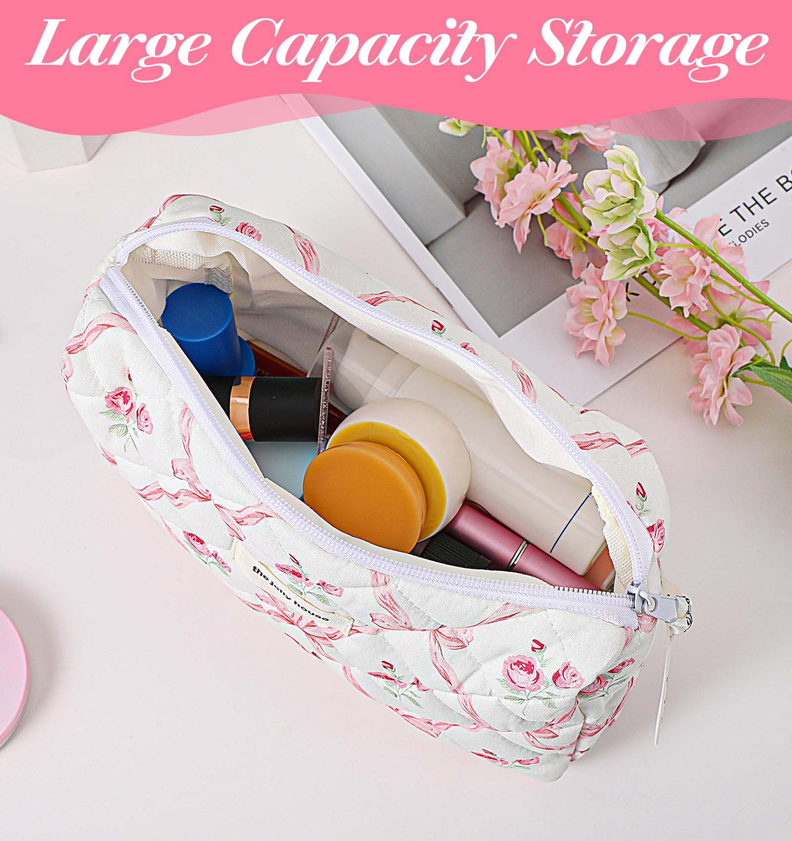 Floral Makeup Bag for Women - Large Quilted Cosmetic Pouch with Pink Bow Design, Travel Toiletry Organizer for Girls | Perfect for Travel, Gym & Everyday Essentials Storage