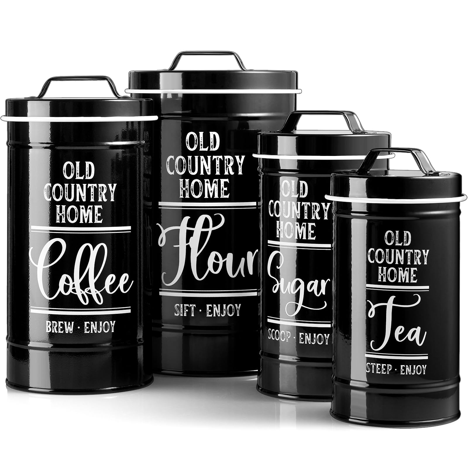 Black Airtight Kitchen Canisters Set of 4 - Flour, Sugar, Tea & Coffee Storage Containers for Countertop, Modern Black Kitchen Decor and Accessories for Baking and Organizing