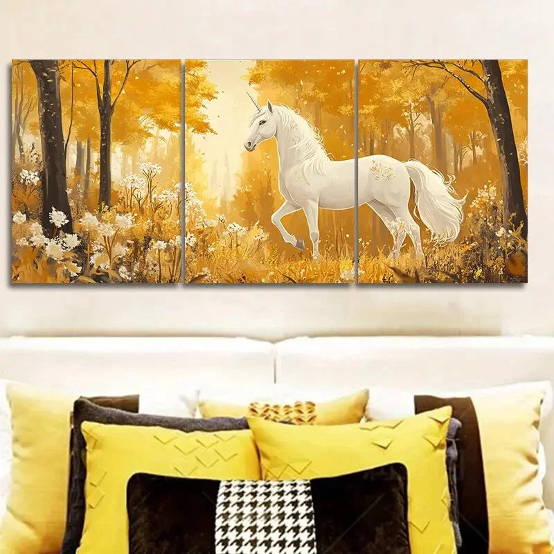 3-Piece White Unicorn in Enchanted Forest Wall Art Set - 40x60cm Framed Canvas Prints | High Quality Australian Made | Perfect for Nursery, Kids Room & Fantasy Decor