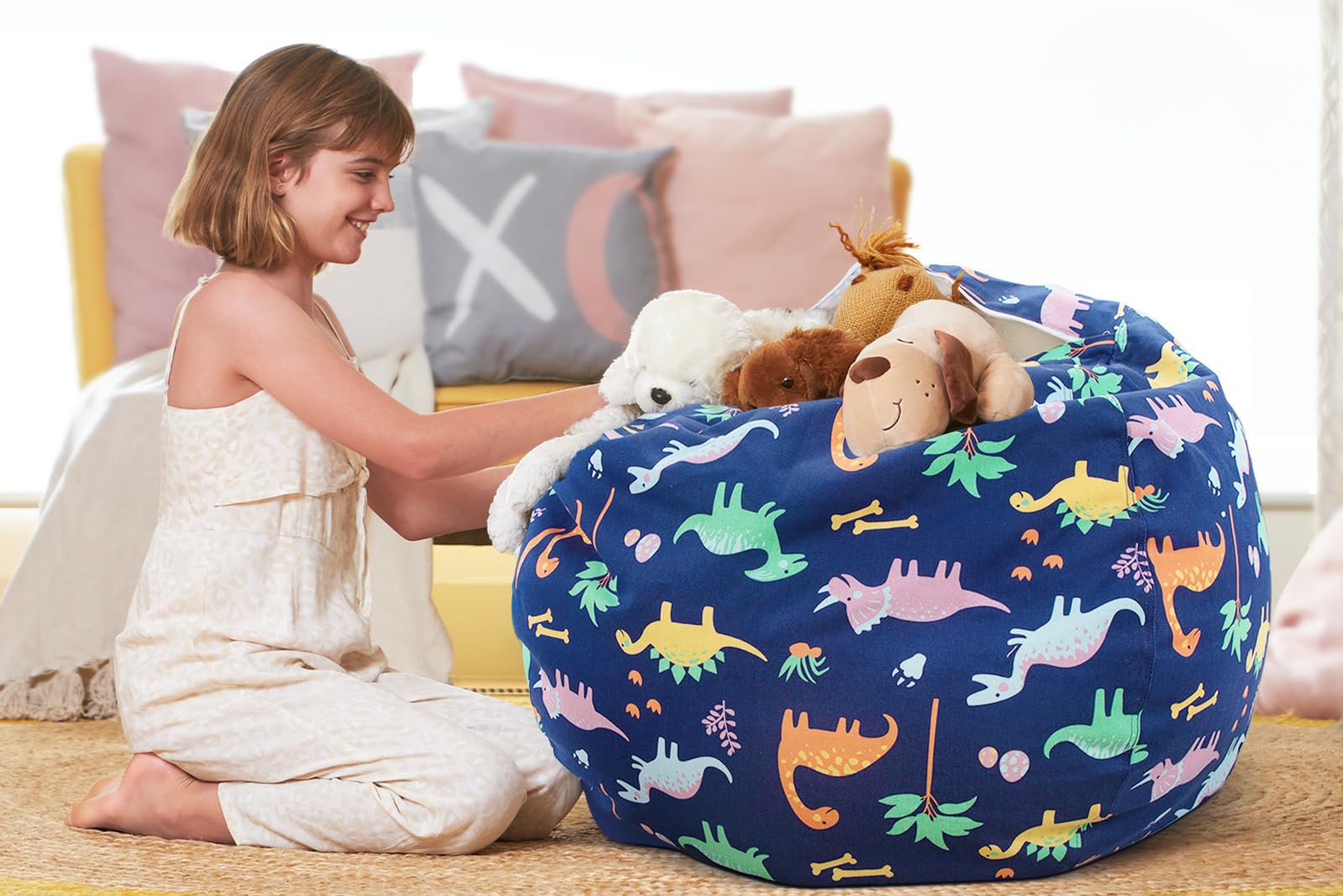 Dinosaur Stuffed Animal Storage Bean Bag Chair Cover for Kids - Organize Toddler & Kids' Room Toys | Plush Toy Organizer for Playroom, Bedroom & Nursery