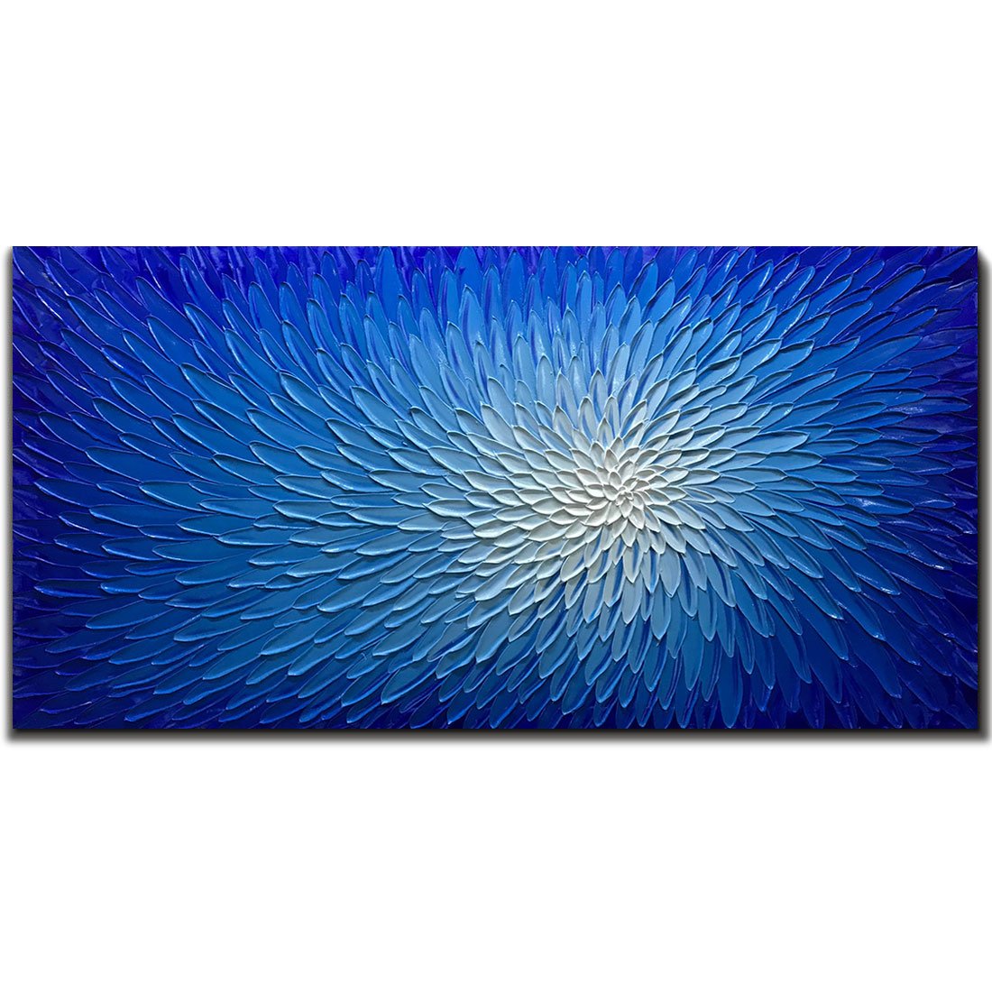 24x48 Inch Hand Painted Modern Blue White Flower Oil Painting - Wood Framed Abstract Wall Art Decor - Textured Acrylic Canvas for Living Room, Bedroom & Office