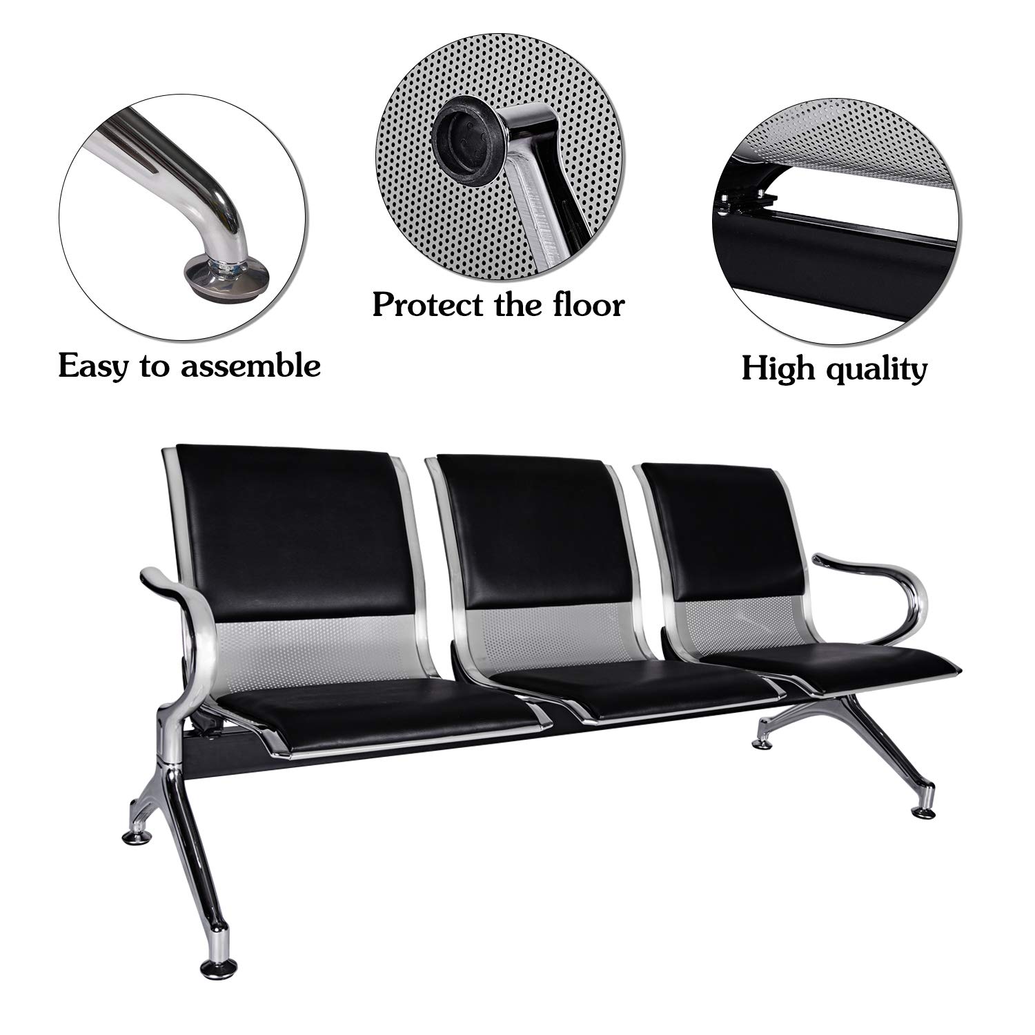 Kinsuite 5-Seat PU Leather Reception Waiting Room Chairs with Arms - Office Guest Chairs for Airport, Bank, Hospital & Business Lounge Seating - Durable Bench for High Traffic Areas