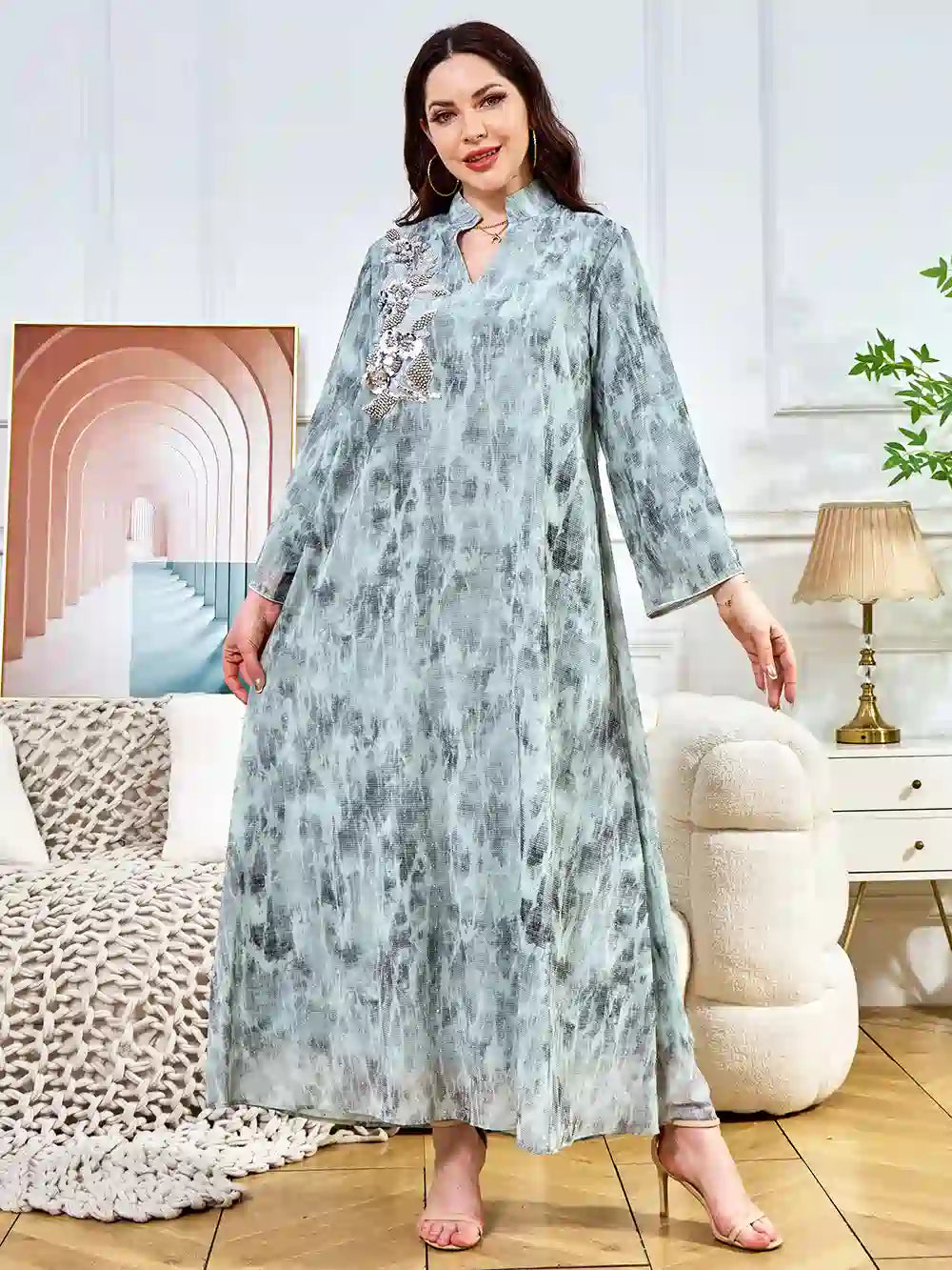 Hotfix Rhinestone Beaded Caftan Dress for Women - Elegant Kaftan with Crystal Embellishments for Eid, Parties, and Special Occasions