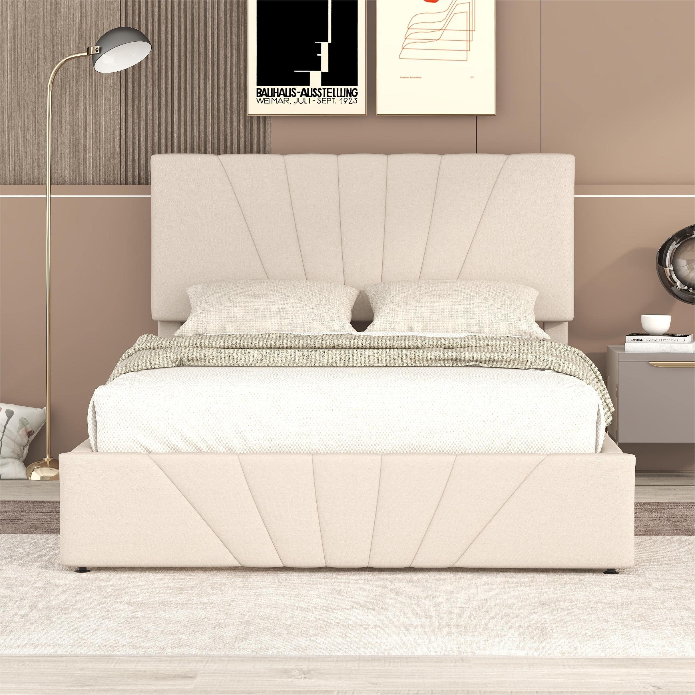 Full Size Lift Storage Bed with Hydraulic System - Modern Linen Upholstered Platform Bed Frame with Slat Support, Beige - Perfect for Small Bedrooms, Guest Rooms & Space-Saving Solutions