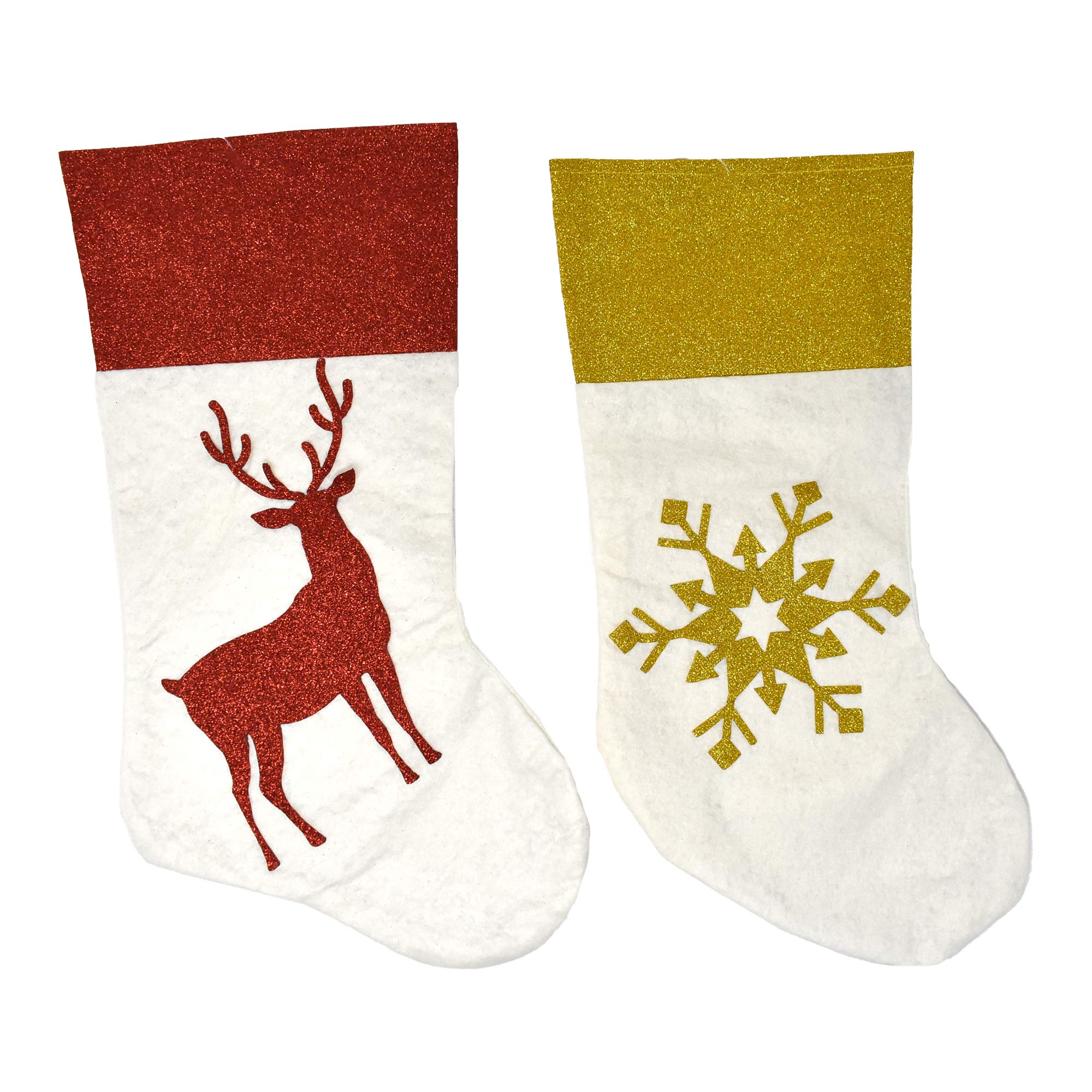Homeford Christmas Glitter Reindeer & Snowflake Stockings - 17 Inch Holiday Decorations (2-Pack) for Fireplace Mantel, Xmas Tree, and Festive Home Decor