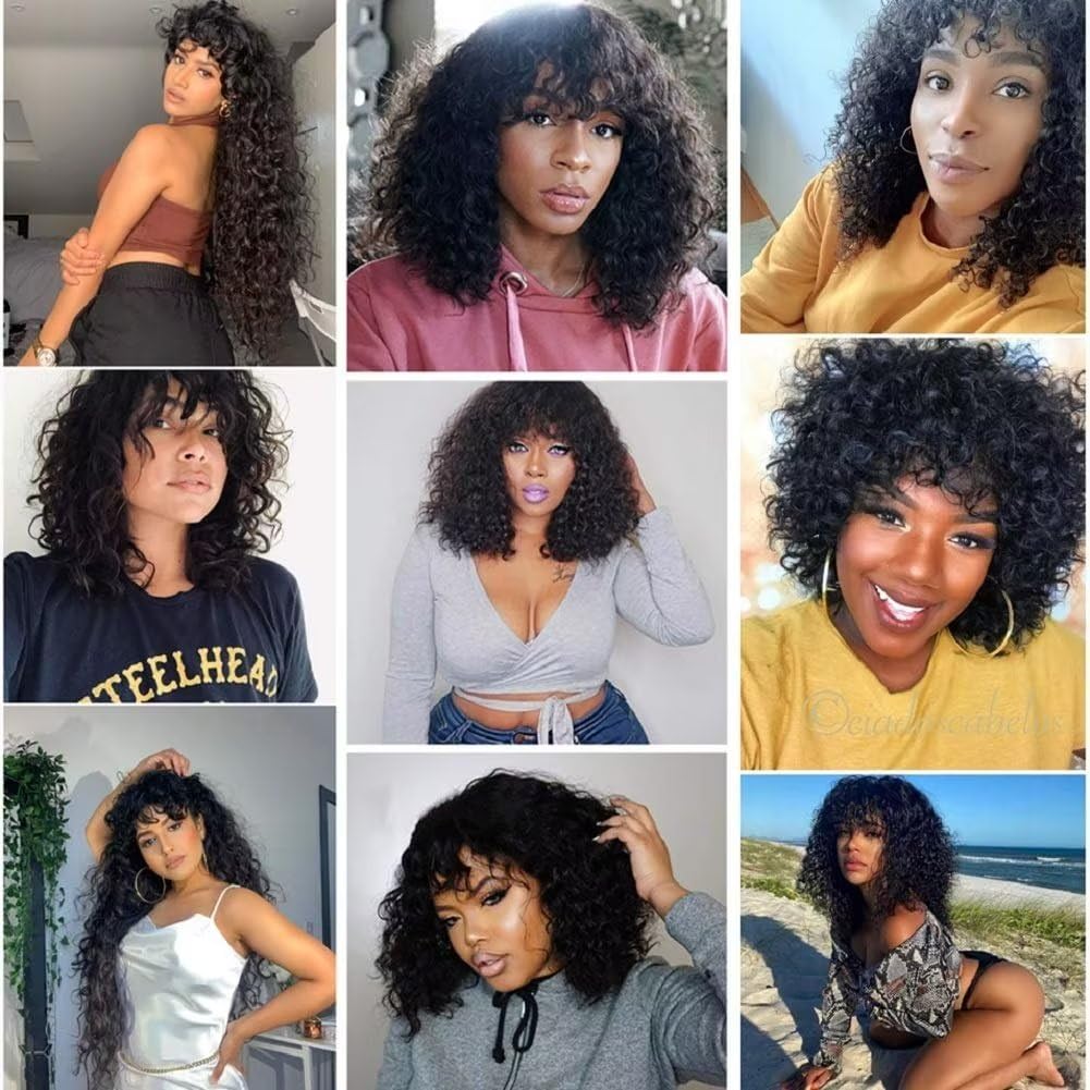 CLASSINE 24 Inch Brazilian Human Hair Wig for Women - Curly Glueless Lace Front Wig with Bangs, Natural Black Hair Replacement for Daily Wear & Cosplay