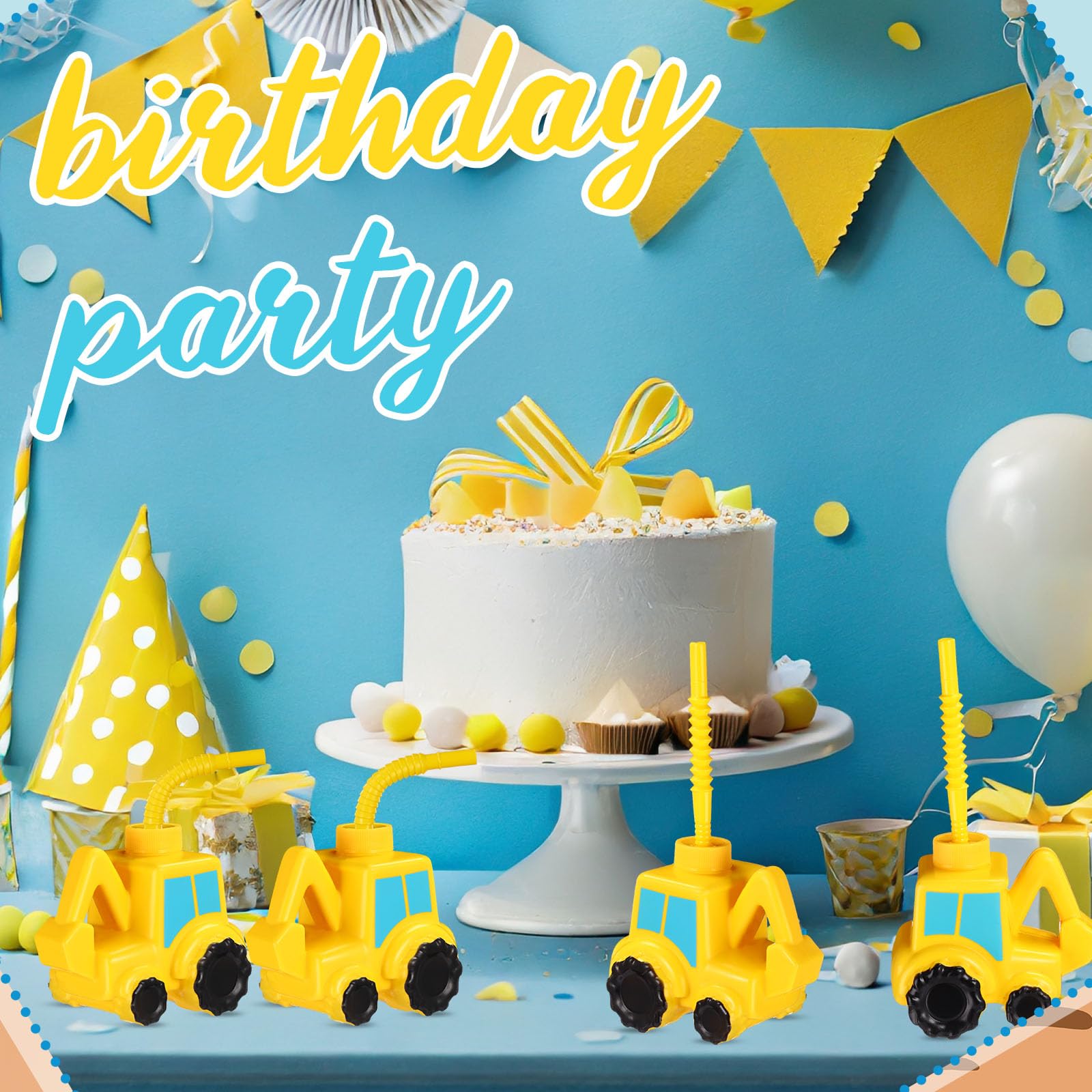 Tanlade 12-Pack Excavator Shaped Reusable Plastic Cups with Straws - Construction Themed Party Supplies for Kids Birthday, Digger Themed Events & Construction Playtime Fun